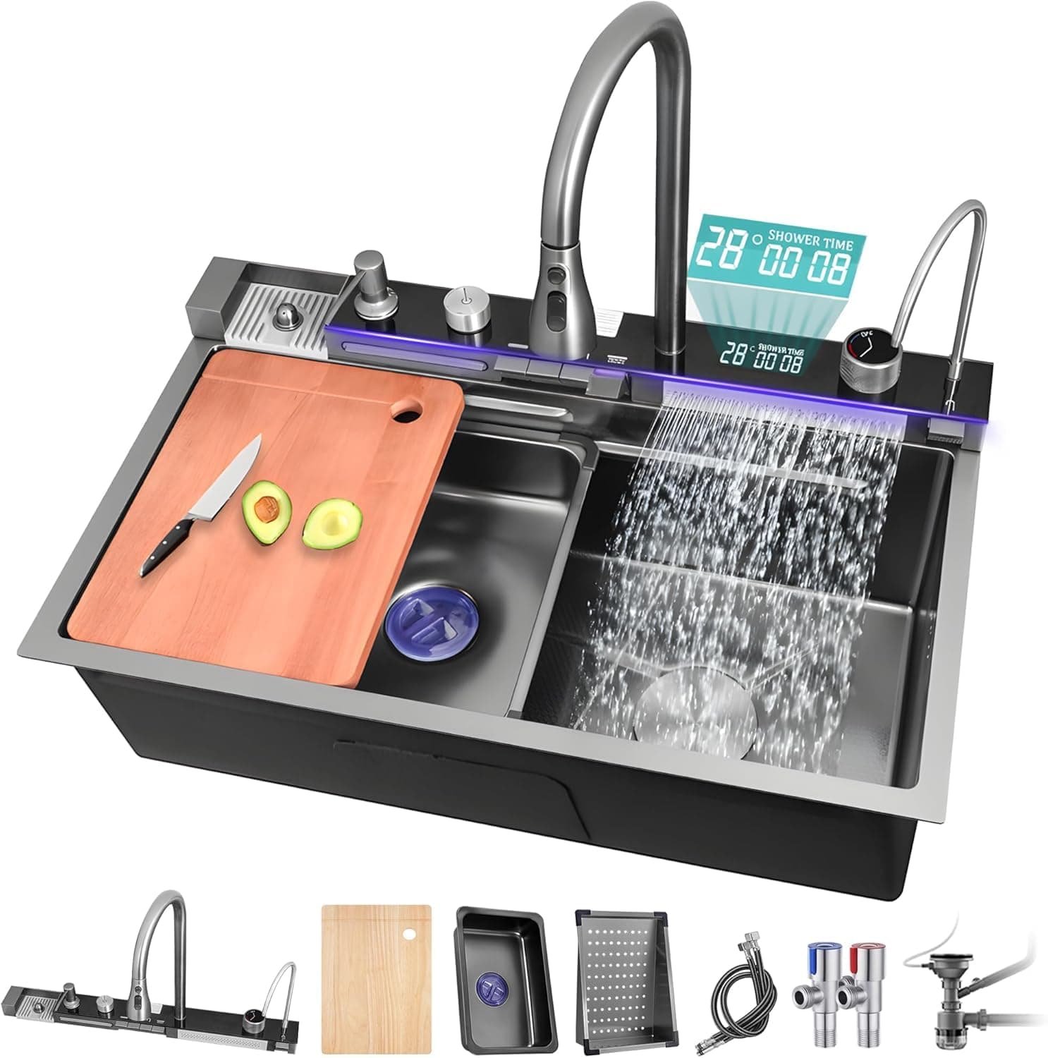 4 Water Outlet Modes Waterfall Kitchen LED Sink with Multifunctional Digital Display Faucet - Durable Stainless Steel Single Bowl Workstation Sink(Size: 80 * 45 * 22cm)