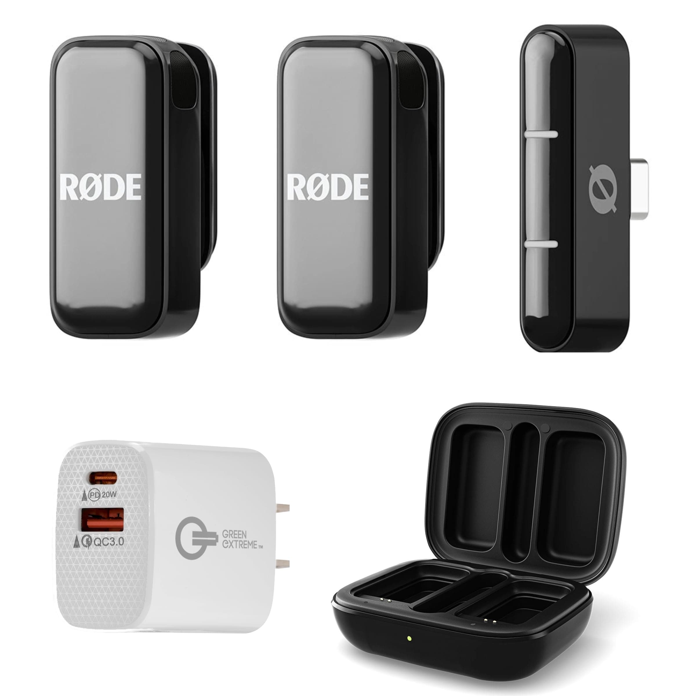 RØDE Wireless Micro - Compact Wireless Microphone, Two Mics with Charge Case for Smartphone Content Creation with Green Extreme 20W 2-Port Wall Charger (USB-C Connector, Black)