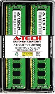 A-Tech 64GB Kit (2x32GB) DDR4 2933MHz PC4-23400 ECC RDIMM 2Rx8 Dual Rank 1.2V ECC Registered DIMM 288-Pin Server & Workstation RAM Memory Upgrade Modules (A-Tech Enterprise Series)