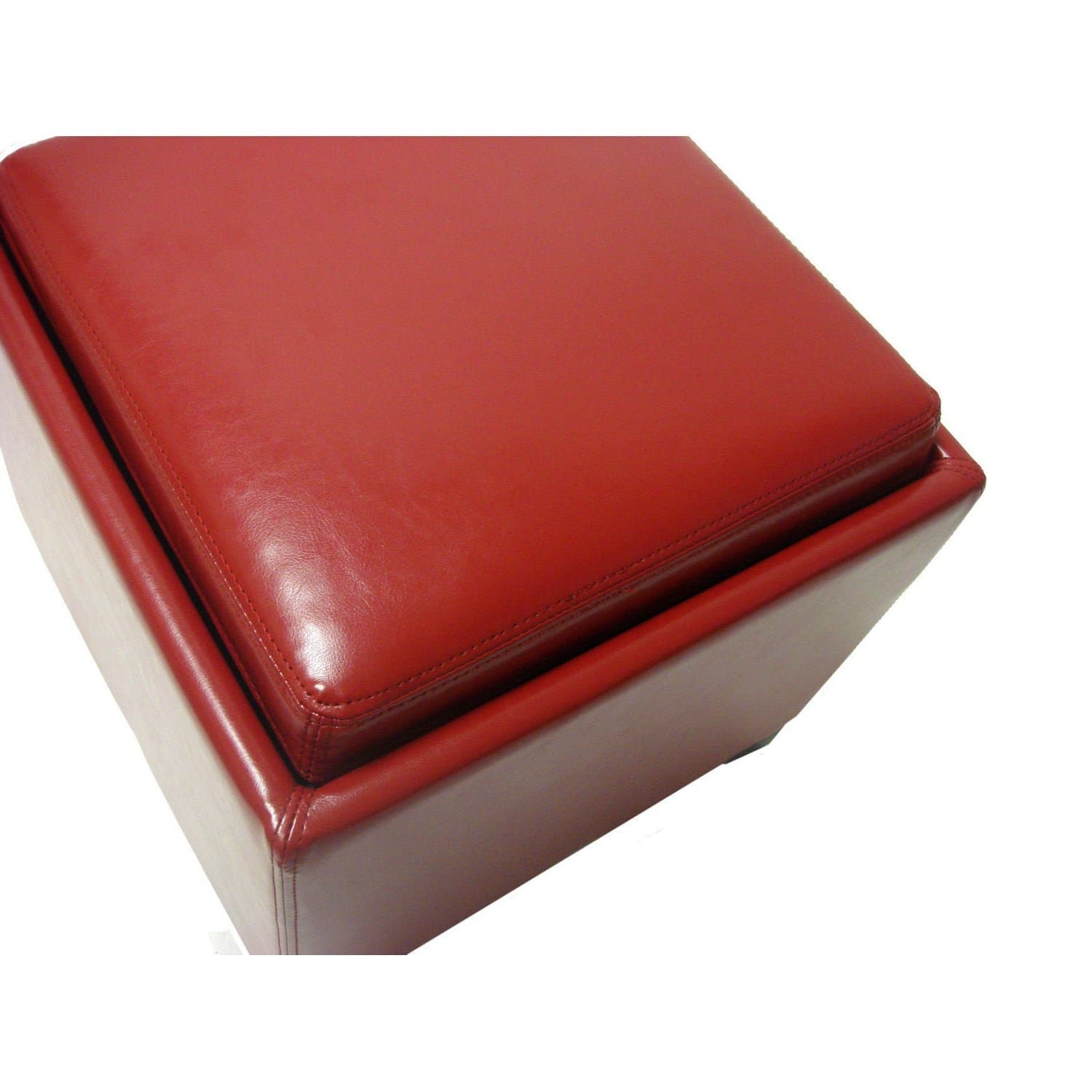Single Piece Red Square Shape Small Storage Ottoman With Tray, Solid Pattern, Cocktail, Foam Leather Wood Material, Modern Fashionable, Contemporary Decor, Raised Pedestal Feet, Dark Red