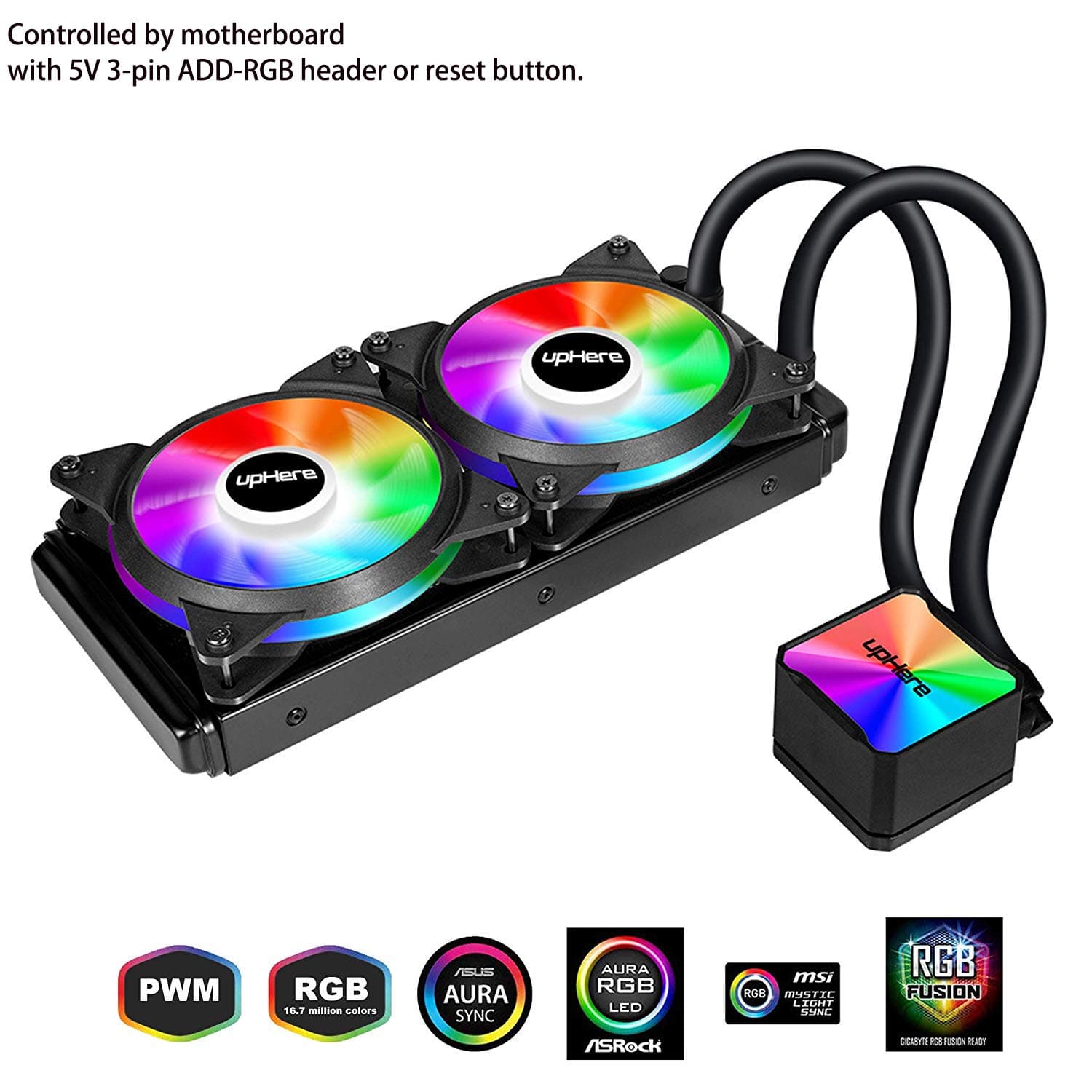 upHere 240mm High Performance All-In-One RGB LED CPU Liquid Cooler with Adjustable 2 * 120mm PWM Fan-Supports ASUS Aura Sync/GIGABYTE RGB Fusion/MSI Mystic Light Sync/AsRock Polychrome Sync-CC240RGB