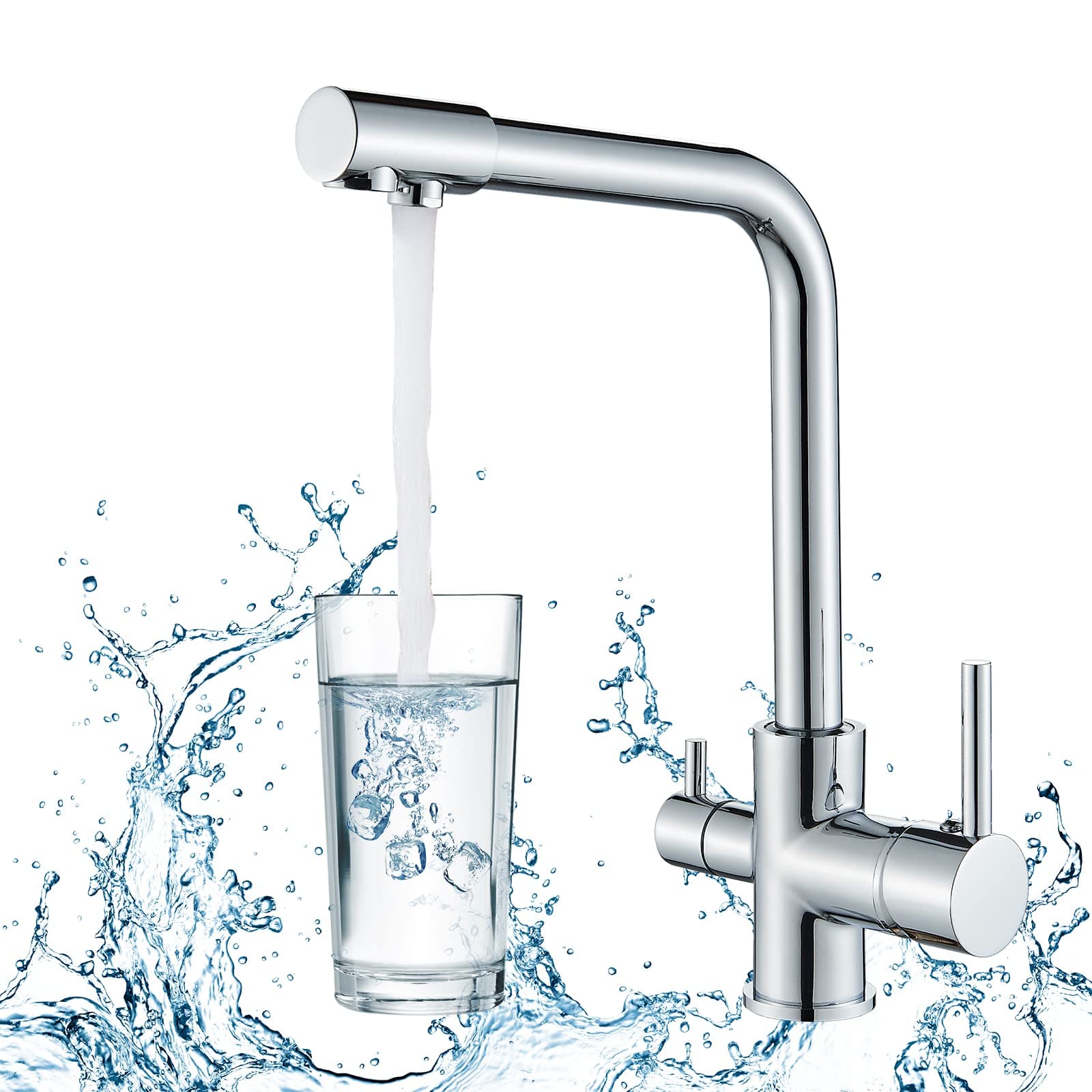 Rozin Kitchen Tap 3 Way with Filter Water System Double Handles Drinking Water and Cold Hot Water 360° Swivel Chrome Tap