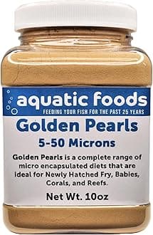 Aquatic Foods Inc. Golden Pearls 5-50 Microns, Powder for New Fry, Babies of Shrimp, Axolotls, Discus, Cichlids, Catfish, Tetras, Angel Fish, Guppies, Bettas, Goldfish, Corals, Reefs...10oz Small Jar