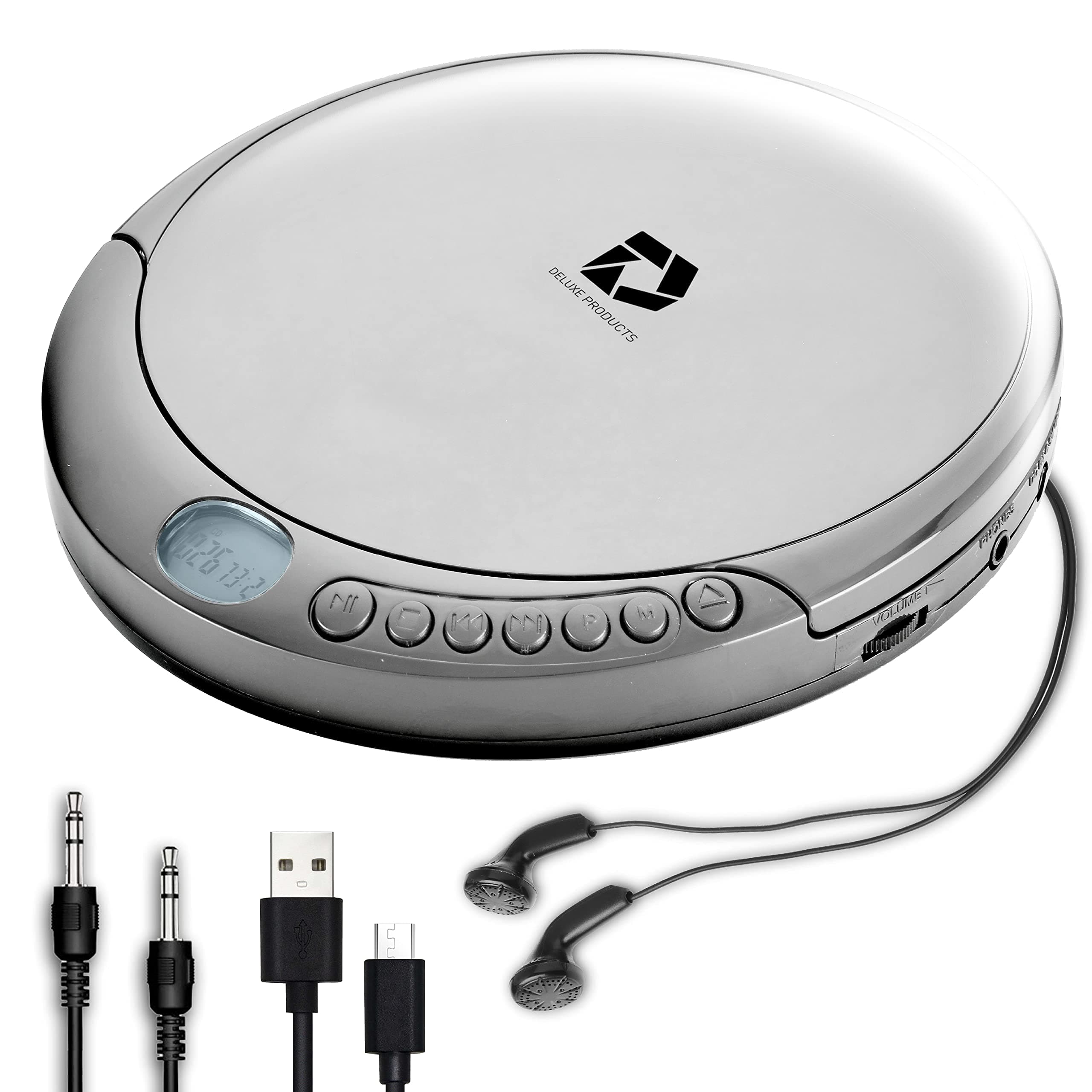 Deluxe Products CD Player Portable with 60 Second Anti Skip, Stereo Earbuds, Includes Aux in Cable and AC USB Power Cable for use at Home or in Car. Silver