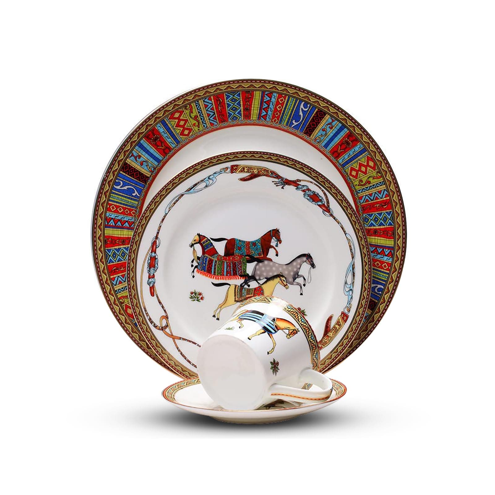 8-piece bone china dinnerware set for 2, red horse pattern round dinner plates, fine dish set for 2 with coffee cup for dinning, suitable for microwave,oven,dishwasher (dinnerware set for 2 people)