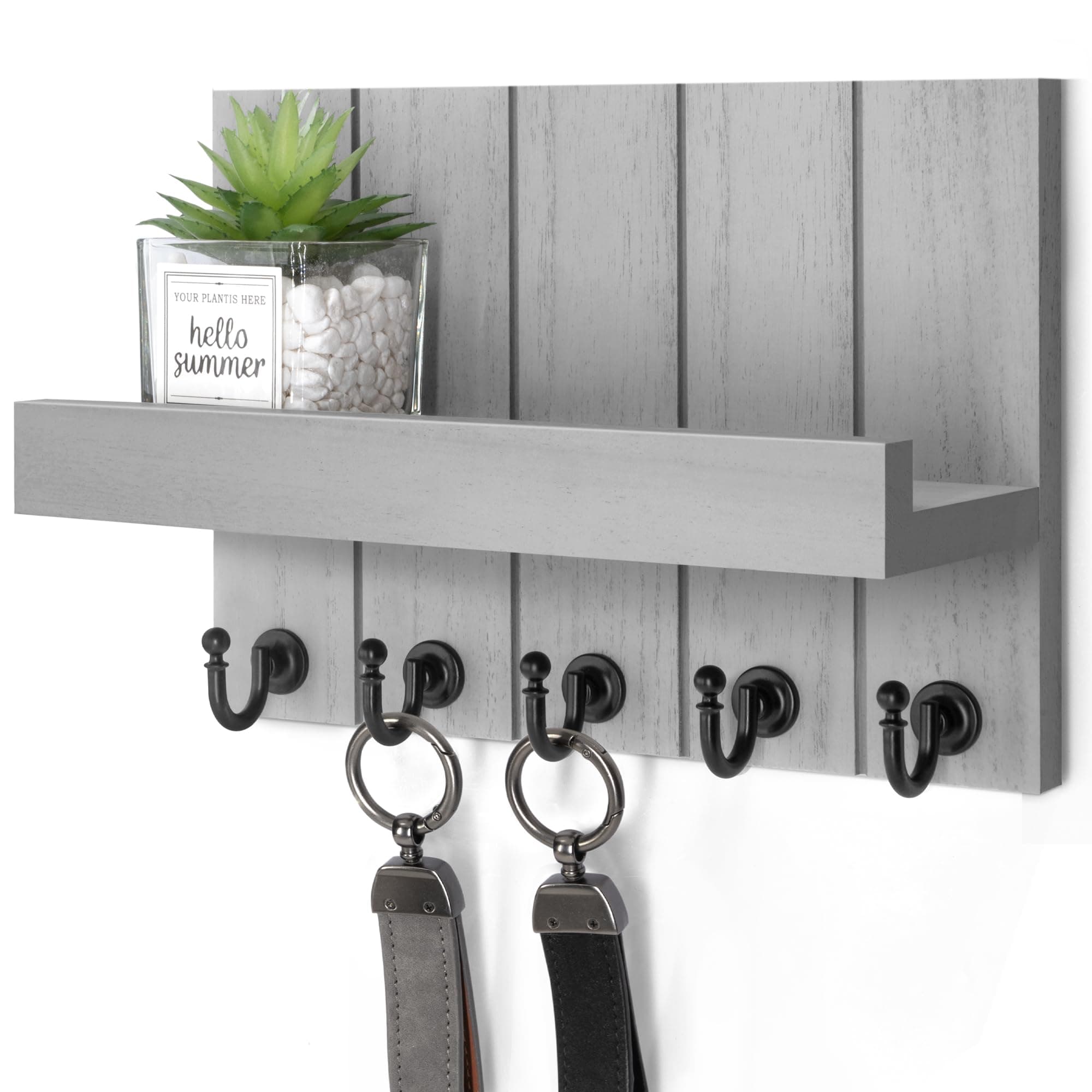 Rebee Vision Decorative Key and Mail Holder for Wall - Modern Key Hooks with Shelf and Mail Organizer Wall Mount for Frmhouse House Decor - Stylish Apartment Essentials (Light Gray)