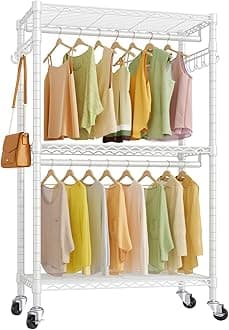 VIPEKR2 Heavy Duty Rolling Garment Rack 3 Tiers Adjustable Clothes Racks with Double Rods & Hooks, Freestanding Wardrobe Closet Storage Rack Metal Clothing Racks for Hanging Clothes, White