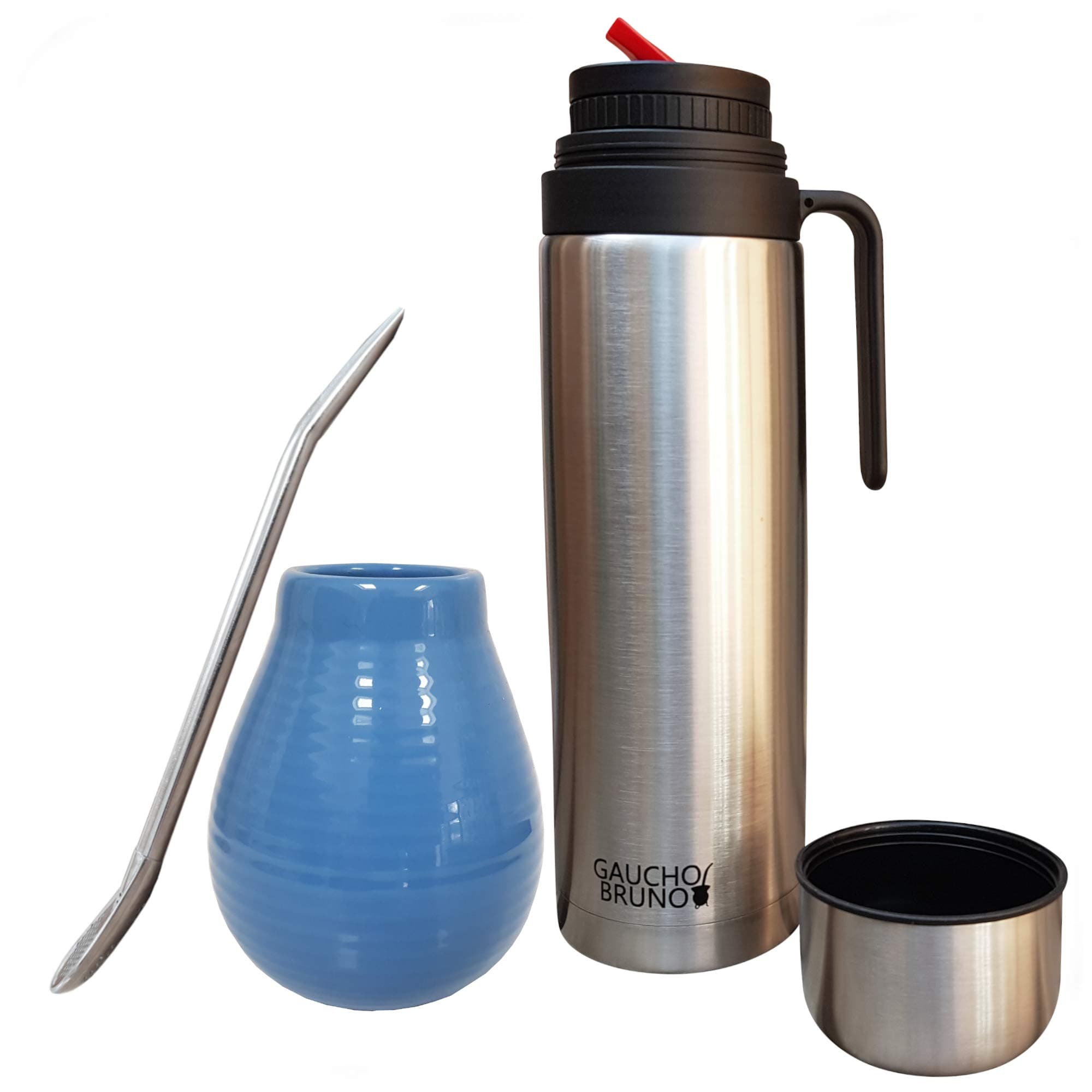 Sponsored Ad – Gaucho Bruno Yerba Mate Cup, Straw, Flask Set - Ceramic Gourd Mug, Stainless Steel Bombilla Drinking Straws and 1 Litre Flask with Red Pouring Spout - Reusable Home and Travel Drinks Kit - Sky Blue