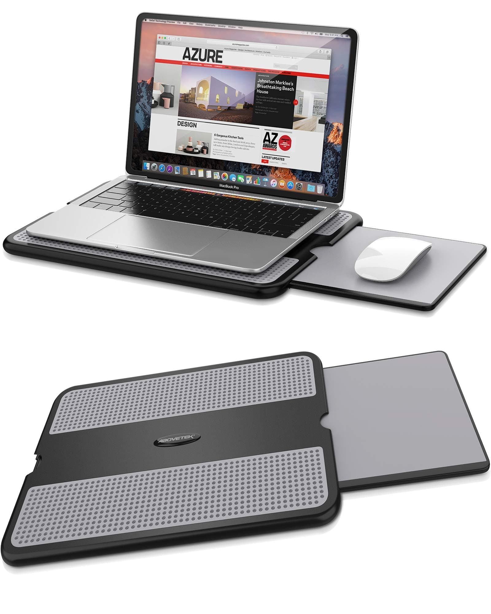 AboveTEK Portable Laptop Lap Desk w/Retractable Left/Right Mouse Pad Tray, Non-Slip Heat Shield Tablet Notebook Computer Stand Table w/Sturdy Stable Cooler Work Surface For Bed Sofa Couch or Travel