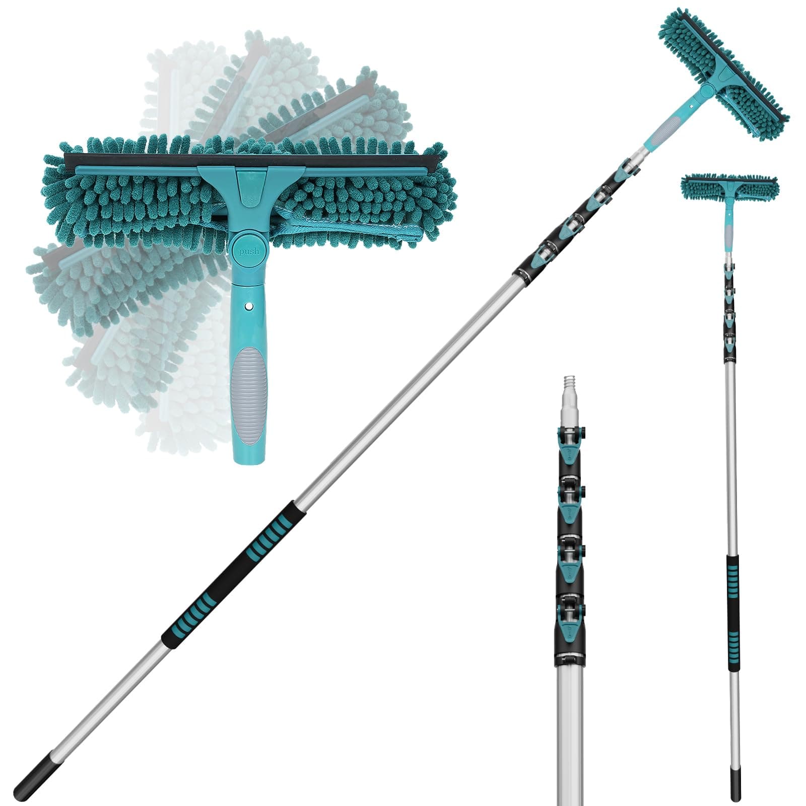 TelesPro 7-30 ft 2 in 1 Window Squeegee with Extension Pole, Window Cleaner Tool with 5-Stage Telescoping Pole, Professional Window Cleaning Kit with Rotatable Head - 36 Ft Reach & Microfibre Cloths.