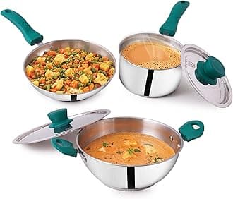 The Indus Valley Stainless Steel Cookware Set 3-Layer Thick Bottom - Set Of 5Pcs | Fry Pan (22.8Cm/1.5L)+ Kadai (22.6Cm/2.1L) + Sauce Pan (16.9Cm/1.5L) | Kitchen Cooking Combo Pots & Pans, Silver