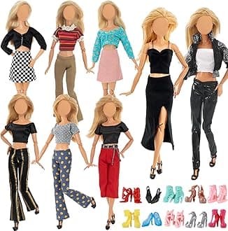 16 PCS Clothes and Accessories for 11.5 inch Girl Doll Including 6 Handmade Fshion Wear Outfits ( Tops and Pants or Dress) and 10 Pair of Shoes in Random Christmas Birthday Present for Girls