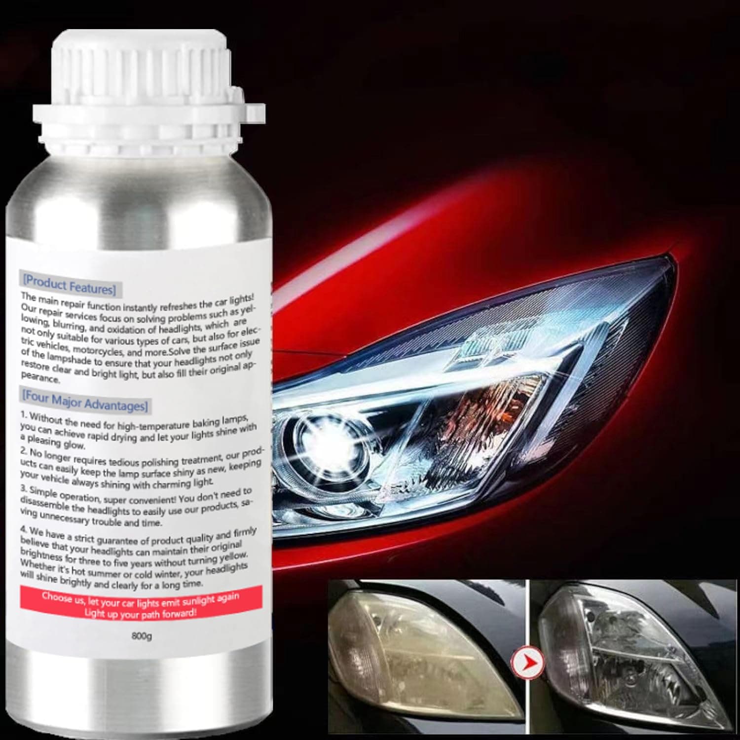 800g Auto Headlight Restoration Liquid, Car Headlight Scratch Restoring Fluid Headlight Repair Polish Cleaner, Headlight Restoration Kit Refill Bottle for Polishing, Restoring Dull Yellow Headlamp