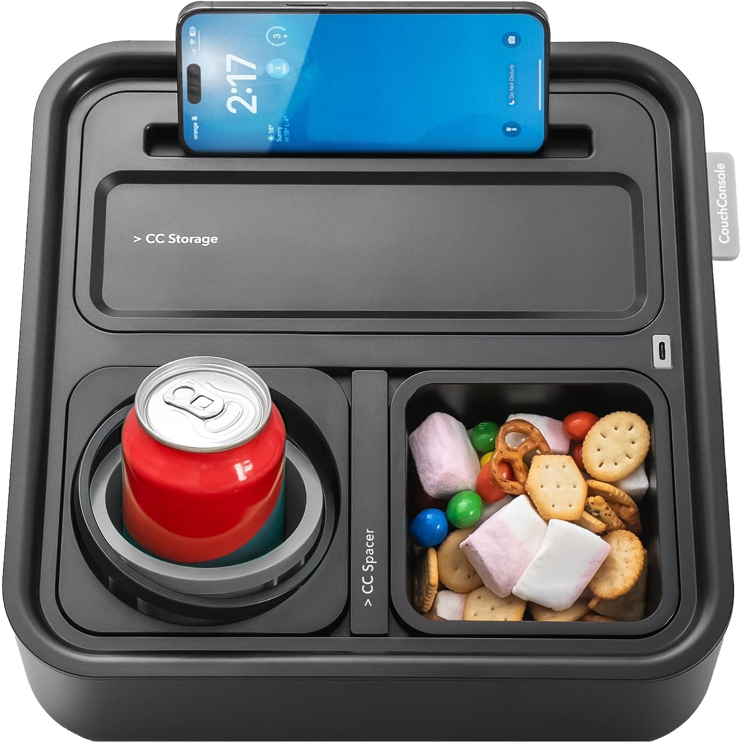 CouchConsole Original Tray - Drinks & Snacks Sofa Caddy with Armrest, Table with Phone Stand- TV Remote Control Storage and Organizer - for Living Rooms, RV, and Cars, Black/Gray