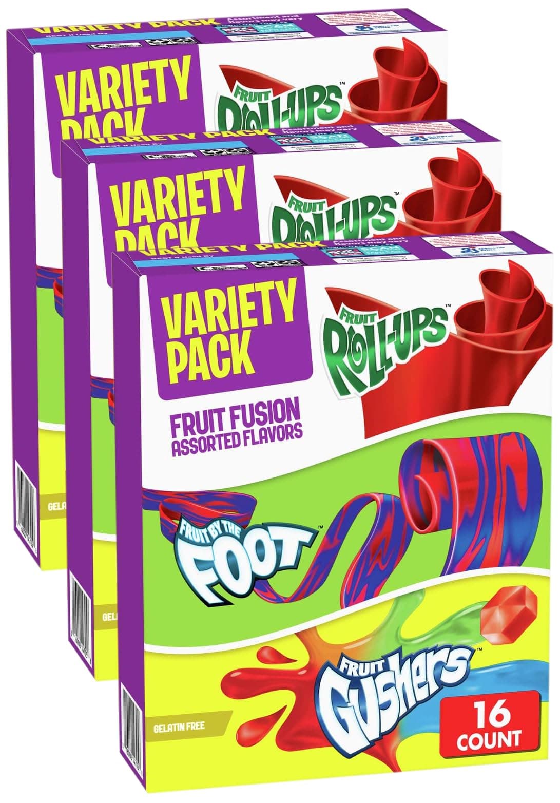 Fruit Roll-Ups, Fruit by the Foot, Gushers, Snacks Variety Pack, 16 ct (Pack of 3)