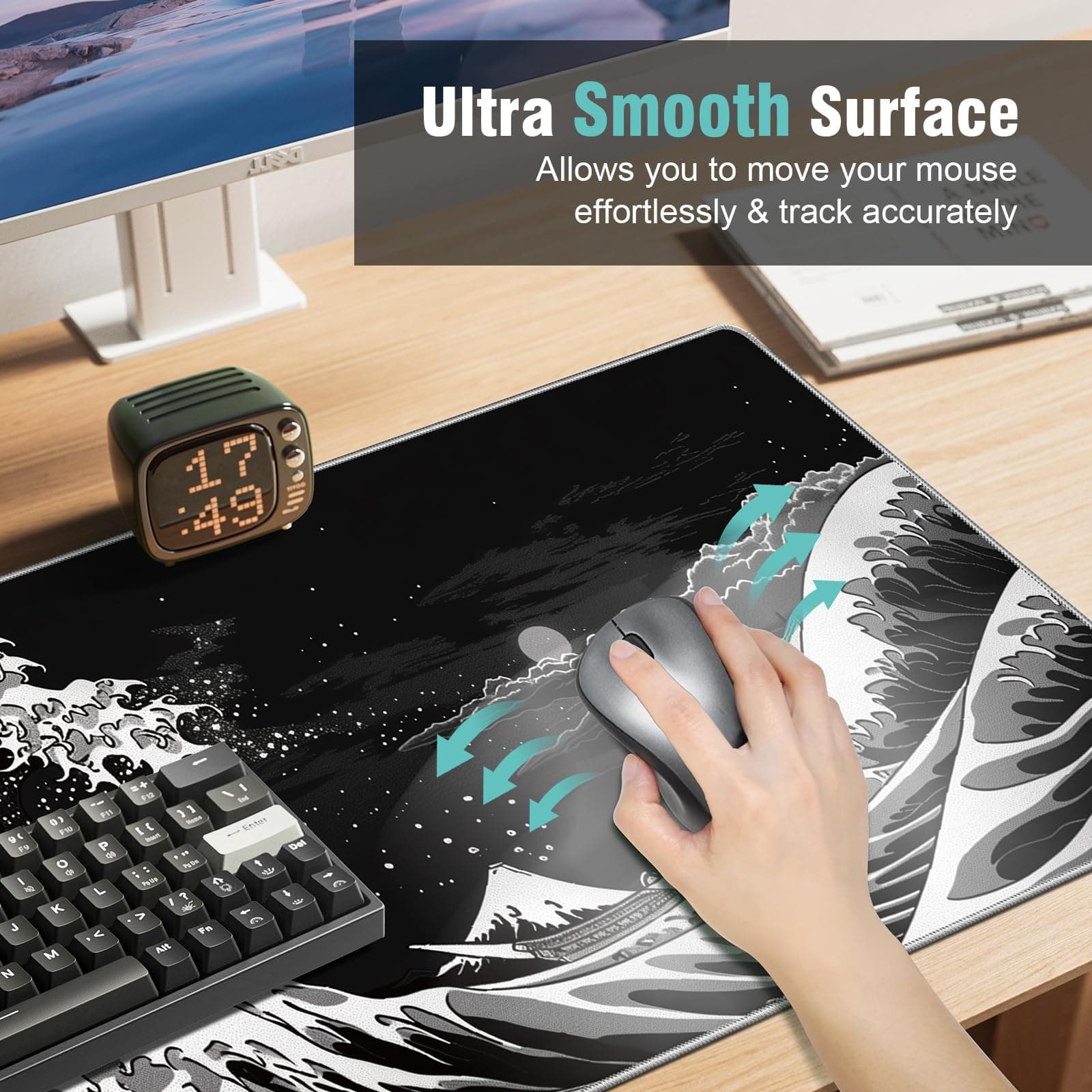 Japanese Sea Wave Gaming Mouse Pad, 31.5×11.8in Japanese Kanagawa Black Mousepad Desk Mat, High-Performance Precision Lycra Fabric Mousepad for Fluid Control, Stable Non-Slip Rubber Base Mouse Pad