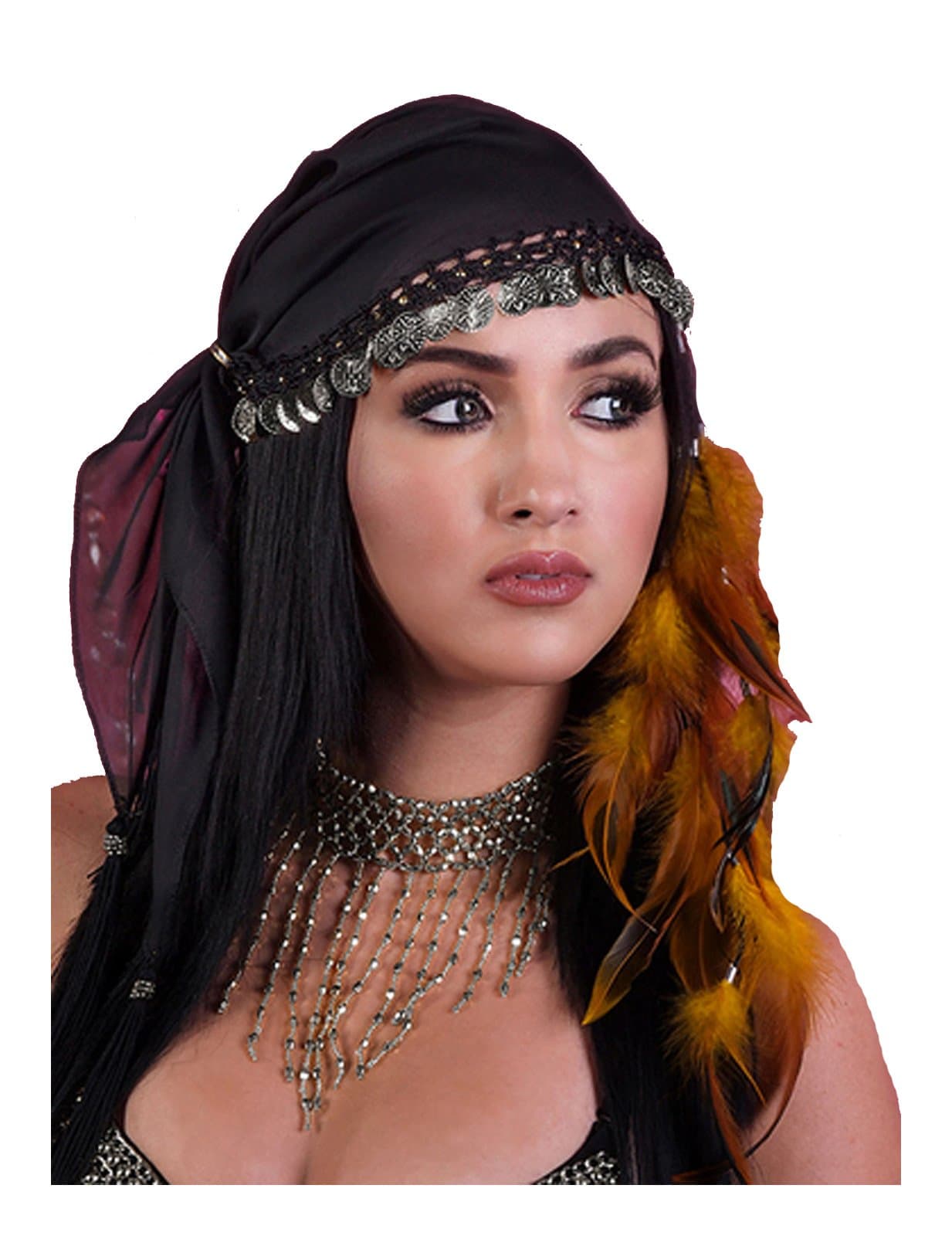 Gypsy Head Scarf with Coins (Black/Silver)