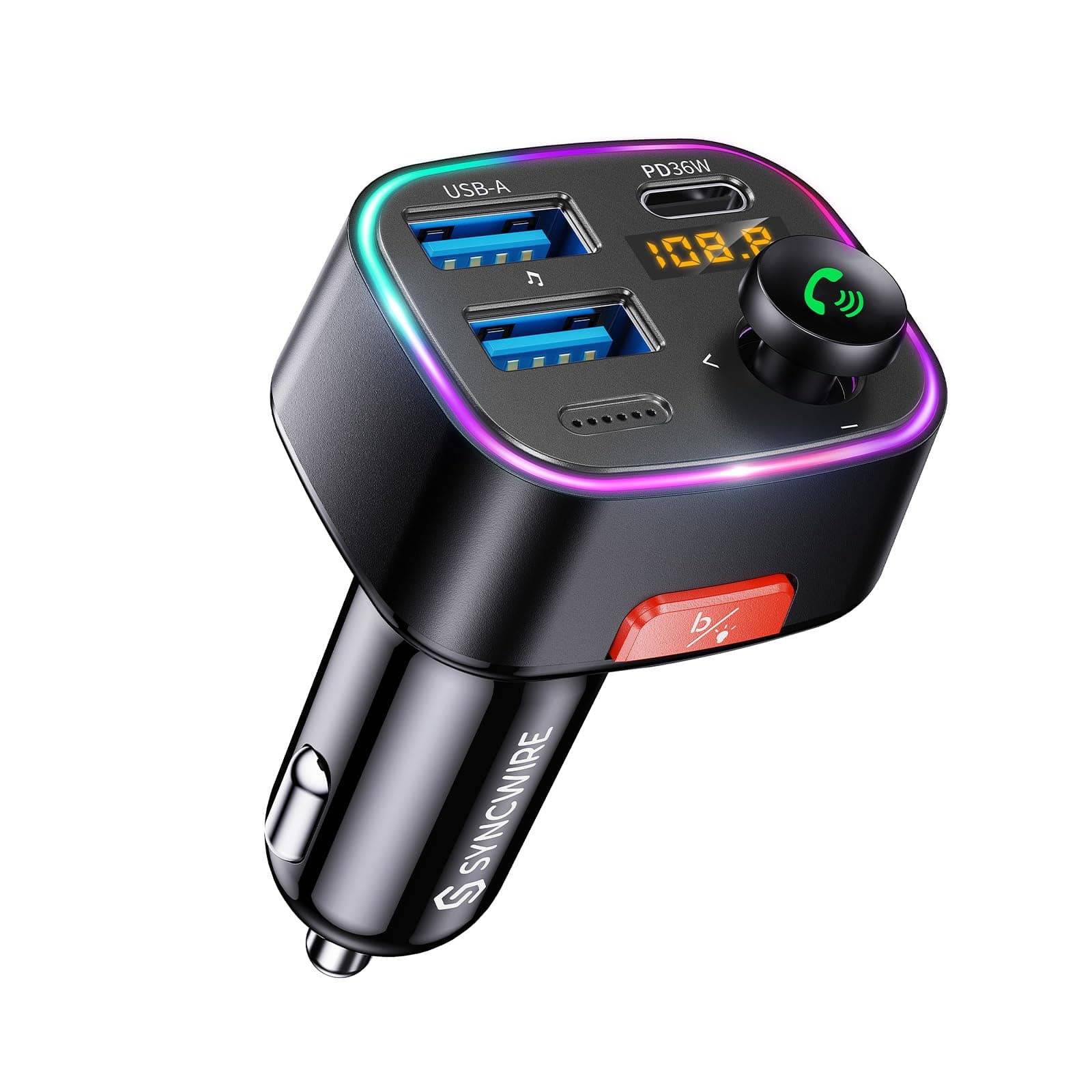 Bluetooth 5.4 FM Transmitter Car Adapter 48W (PD 36W & 12W) [Light Switch] [HiFi Bass Sound] [Fast Charging] Wireless Radio Music Adapter LED Display Hands-Free Calling Support USB Drive