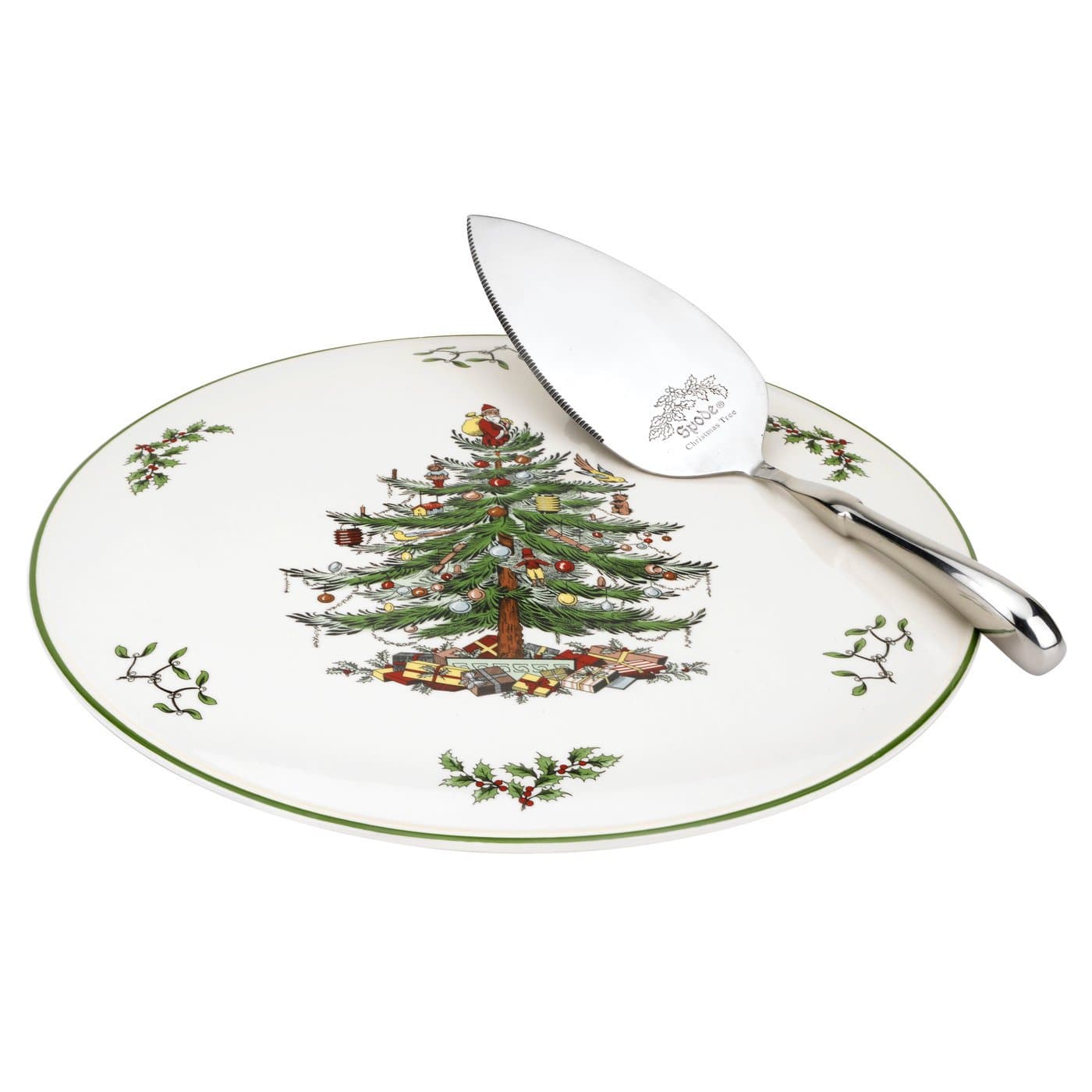 Spode Christmas Tree Cake Plate & Server Set - 11.5 Inch Fine Porcelain Cake Plate with Stainless Steel Server for Holiday Parties - Festive Christmas Tableware, Seasonal Dinnerware