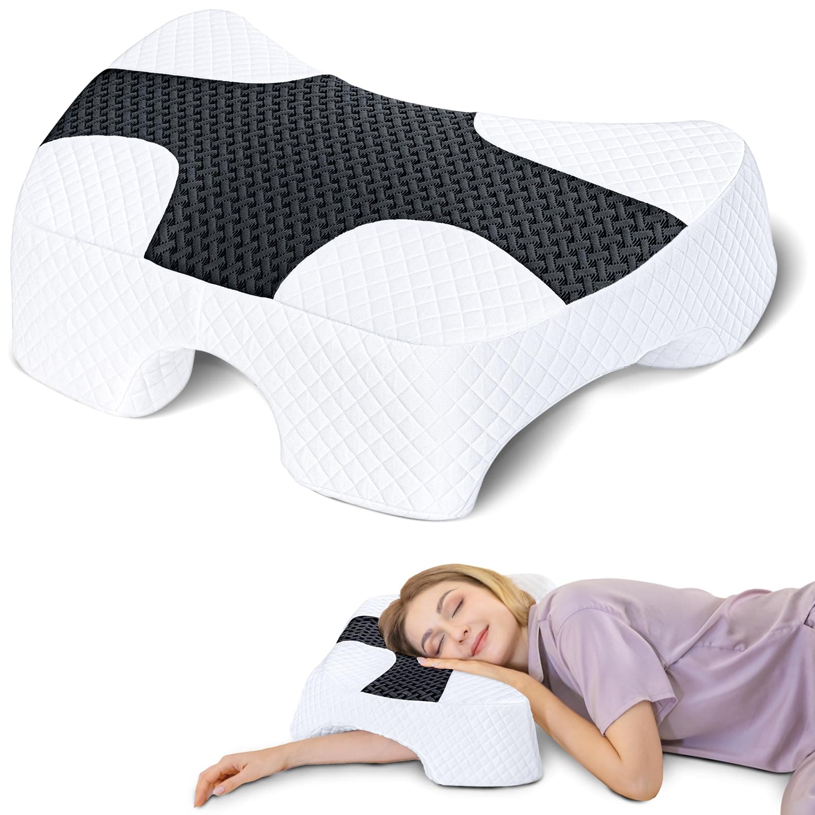 SAHEYER Side Sleeper Pillow with Arm Hole, Memory Foam Pillow for Neck and Shoulder Pain Relief, Multi-Angle Armholes Pillow for Many Sleeping Positions (Black)