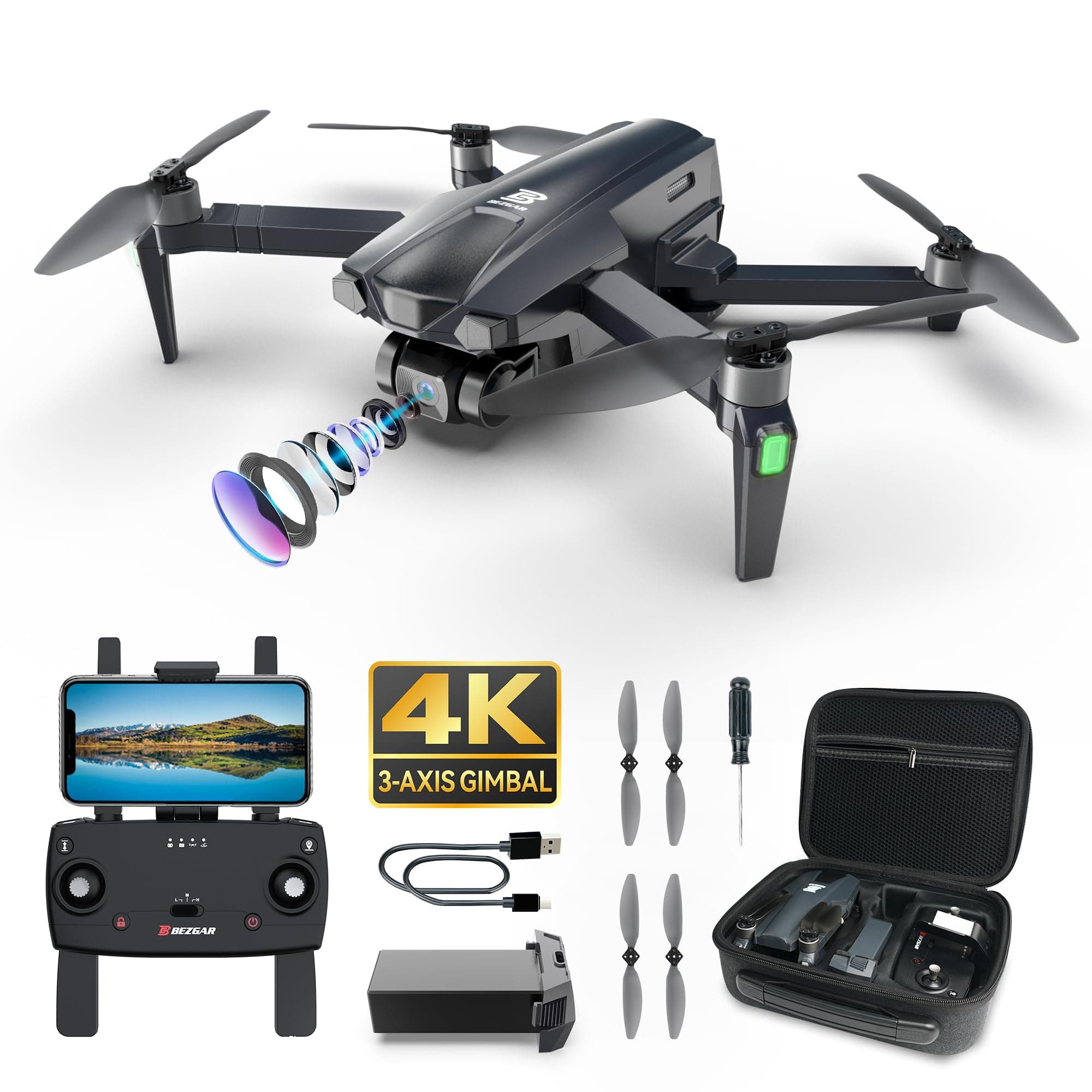 BEZGAR BD901 Drones with Camera for Adults 4K Long Range - Foldable Mini Drone with 4K Video, 3-Axis Gimbal, 3KM Transmission, 23 Mins Flight Time, Return To Home, Follow Me, Hobby RC Quadcopters