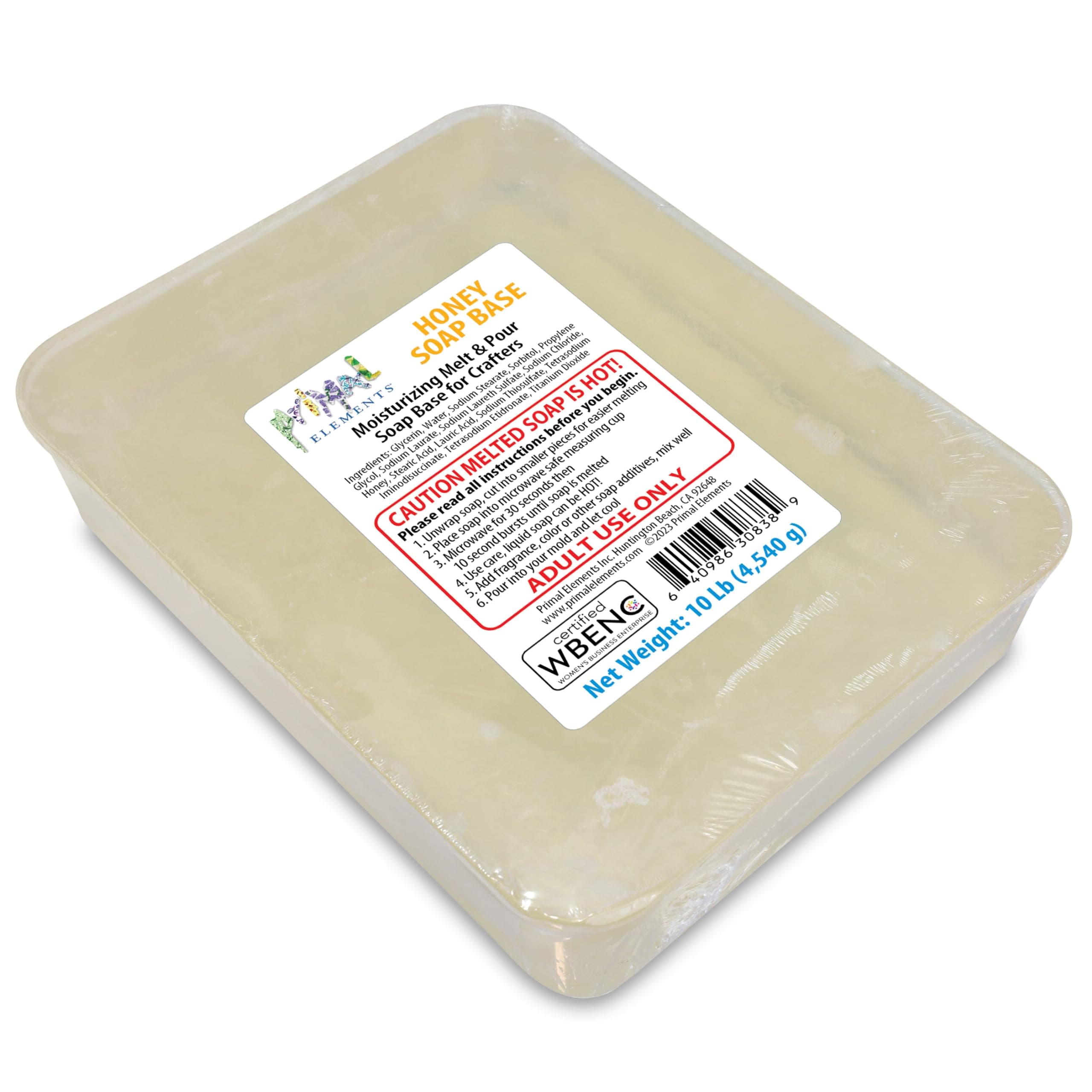 Primal Elements Honey Soap Base - Moisturizing Melt and Pour Glycerin Base for Crafting and Soap Making, Easy to Cut - 10 Pound