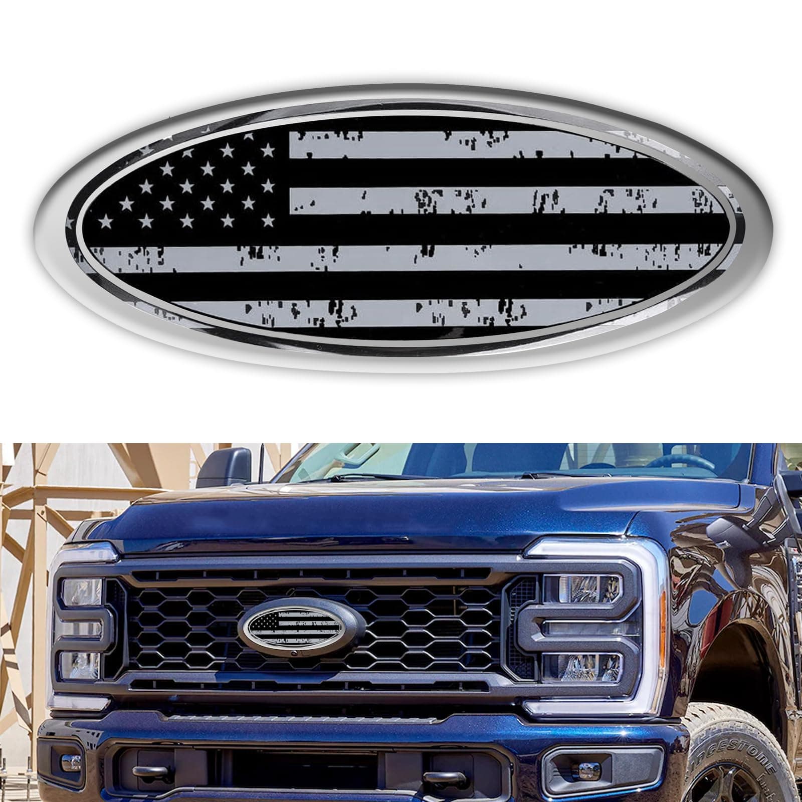 Front Grille Emblem for Ford - 9 Inch Rear Tailgate Grey American Flag Oval Emblem for Ford F150 F250 F350 Edge Explorer Ranger Expedition