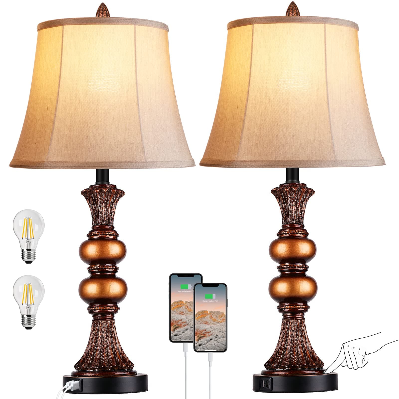 Set of 2 Touch Control Traditional Table Lamp, 27"H Bedside Lamps with 2 USB Charging Ports, 3-Way Dimmable Bronze Finish Large Nightstand Lamps with Bell Faux Silk Shade for Living Room, Bedroom
