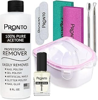 Pronto Gel Nail Polish Remover Kit – 8 Oz Pure Acetone 100 Percent, Nail File, Nail Polish Soak Off Bowl, Cuticle Oil for Nail Care + Manicure Set with Nail Buffer Block, Cuticle Pusher & Nail scraper