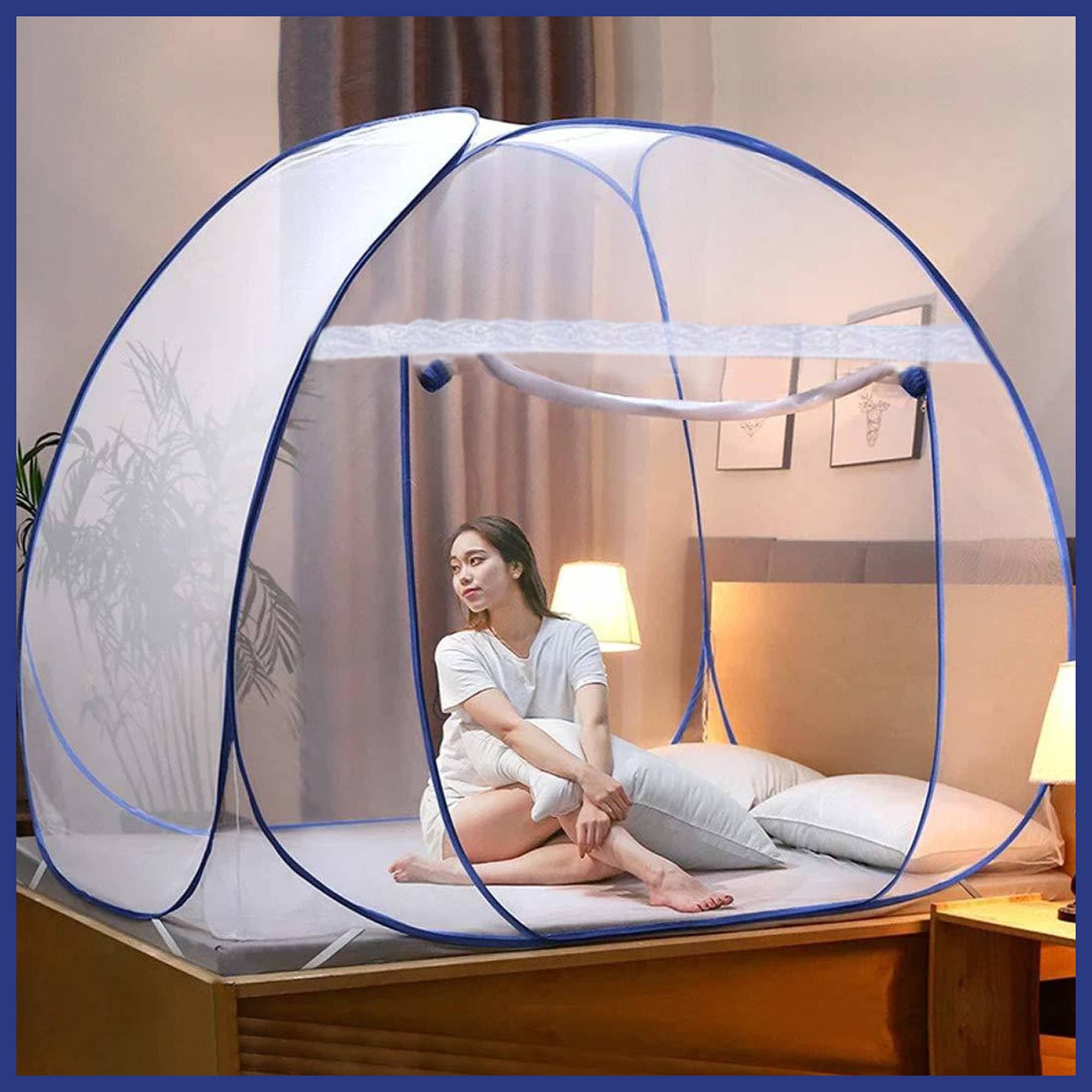 Foldable Mosquito Net/Machhardani - Double Bed, King-Size 200 cm (6.5ft) X 200 cm (6.5ft) X 145 cm - Blue, Strong 30GSM net, High Durability, Foldable, Corrosion Resistant, Lightweight (Blue)