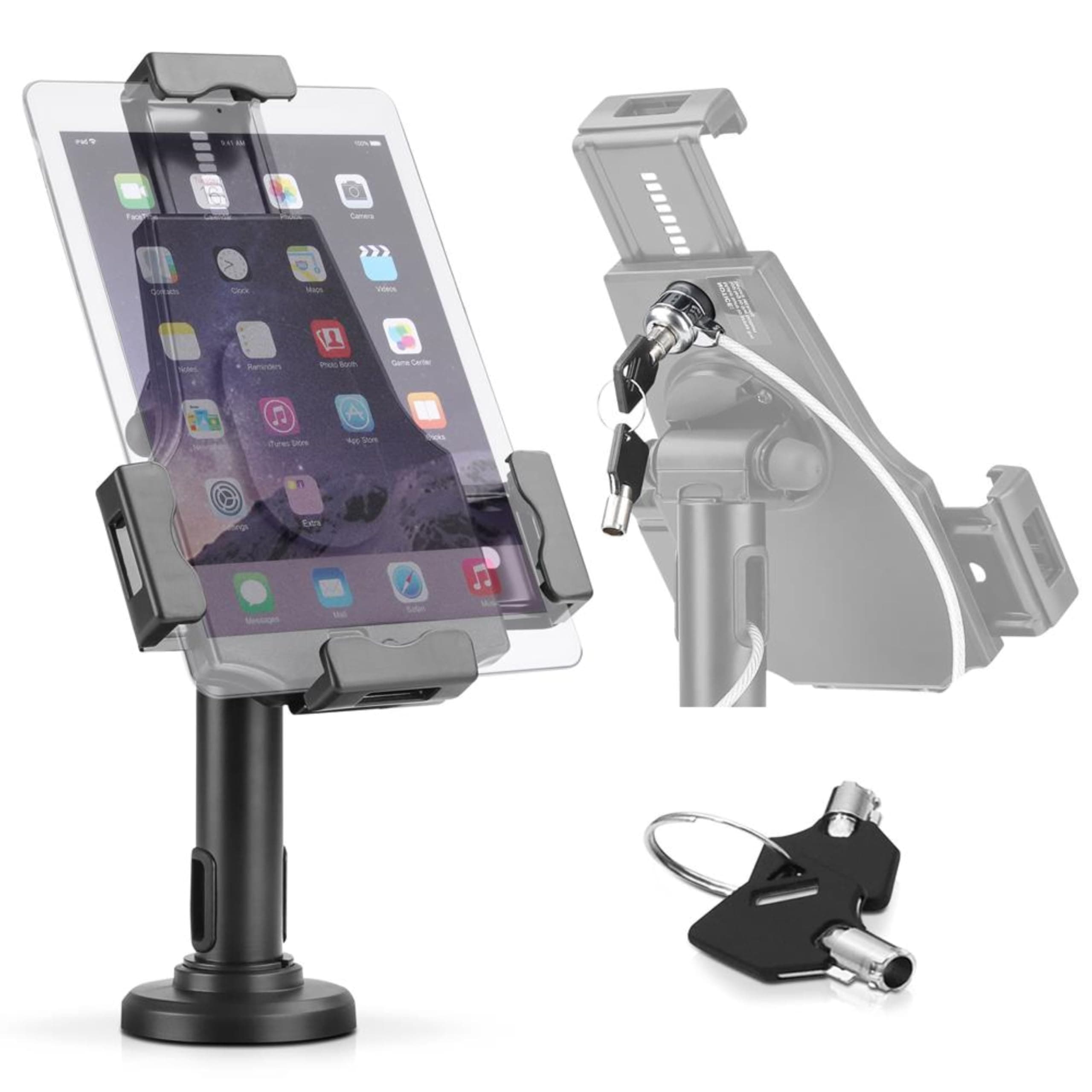 Pyle PSPADLK8 Anti-Theft Tablet Security Stand Kiosk - Table Mount Desktop Tablet Case Holder with Lock, Adjustable Clamp Arm, Internal Cable Routing, for iPad, Kindle, Samsung, Android Tablets