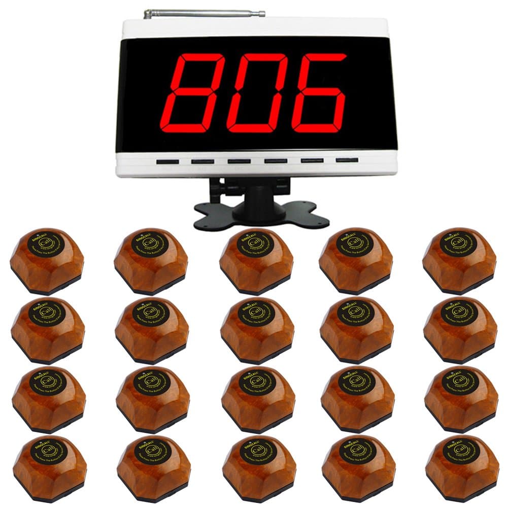 SINGCALL Wireless Restaurant Table Call System, Waiter Caller for Customer Getting Attendant by Pressing a Button, Pack of 1 Display and 20 Bells