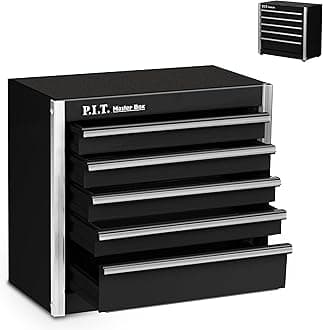 P.I.T. Mini Black Tool Box, Portable 5-Drawer Micro Roll Cab Steel Box With Liner, Small Case For Tools Storage, Home Diy