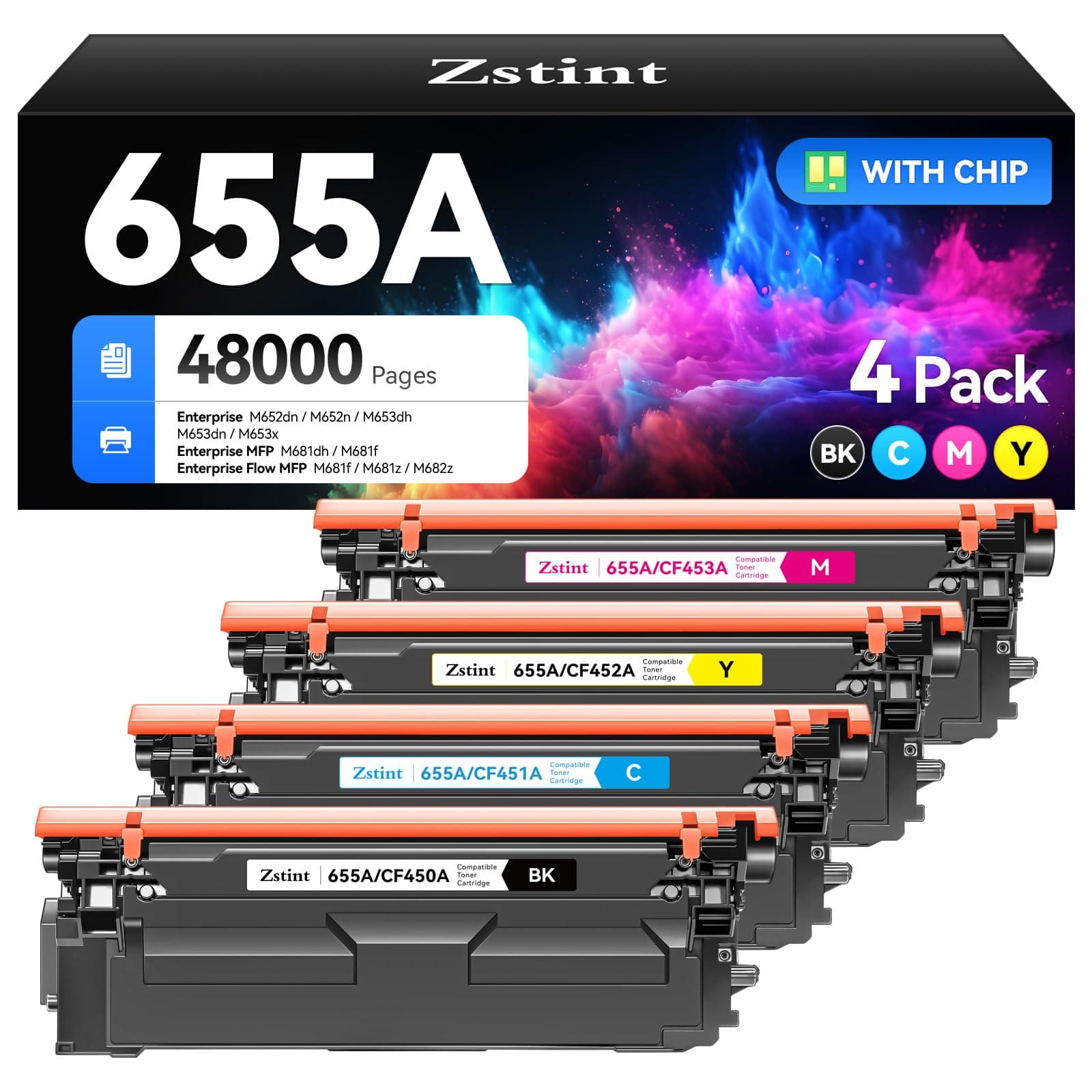 655A Toner Cartridge set 4-Pack Replacement for HP 655A CF450A CF451A CF452A CF453A Compatible with HP Color LaserJet Enterprise Flow MFP M681f M682z M652n M653dh Printer Ink Black Cyan Magenta Yellow