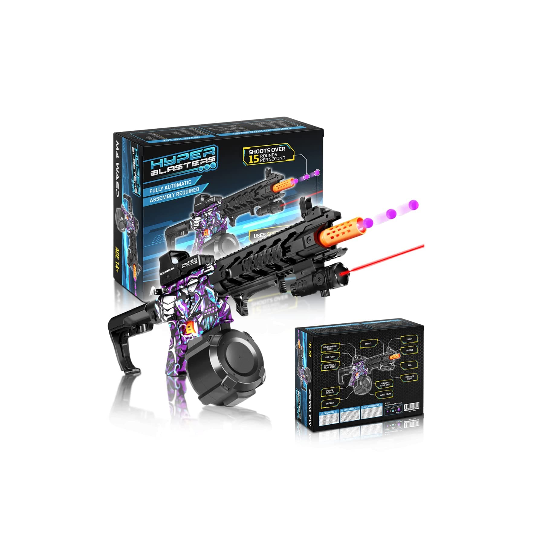 HyperBlasters M4 Wasp Gel Ball Blaster with 1000 Round Capacity Ammo Drum – Splatter Ball Blaster Includes 50,000 Planet Friendly and No- Stain Beads- Fun and Exciting Electric Orby Blaster