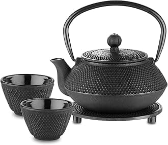 Velaze Cast Iron Teapot Set,Japanese Teapot Heat Preservation with Trivet,Stainless Steel Infuser and 2 Cups,Durable Cast Iron with a Fully Enameled Interior,Beautiful Hammered Design,700ML/23oz