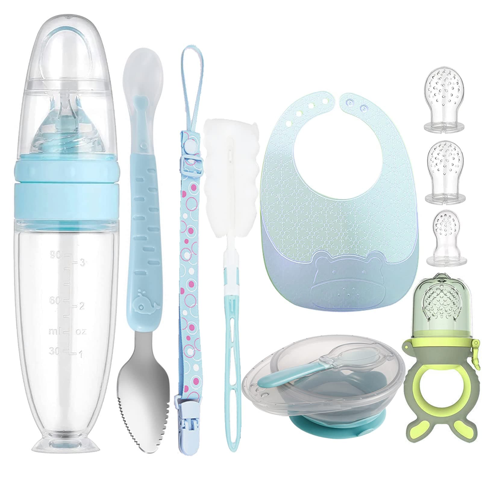 IS MUHE 11 Pcs Fruit Feeder Set, Food Feeder Teether With 3 Size Silicone Nipples, Toddler Feeding Spoon, Bib, Food Supplement Bowl Spoon (Blue)