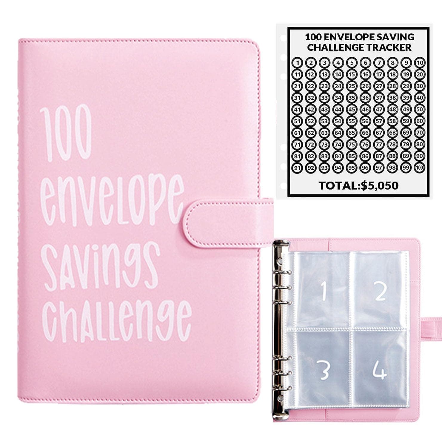 AASLOB 100 Envelopes Money Saving Challenge, 100 Envelope Challenge Binder, Easy and Fun Way to Save $5,050, Savings Challenges Budget Book Binder with Cash Envelopes for Office,Home,School (Pink)