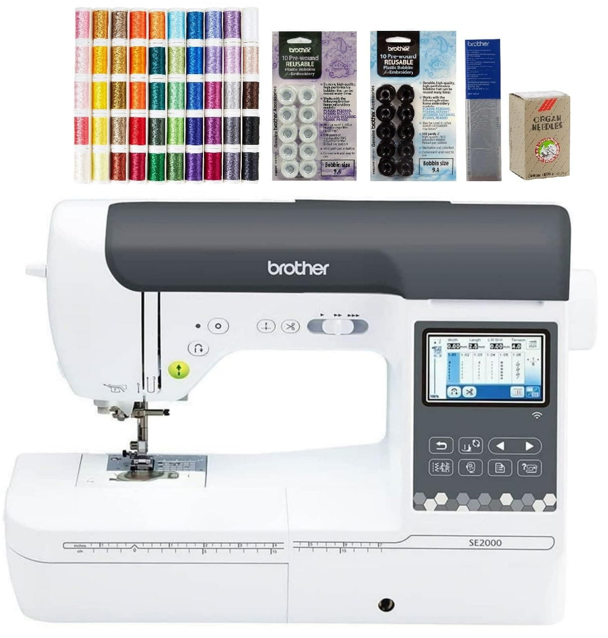 SE2000 Computerized Sewing and Embroidery Machine (SE2000 + Designio 50ct Thread) 50-Piece Designio Thread Set, 20 Bobbins, 100-Piece 75/11 Embroidery Needles, Stabilizer Roll