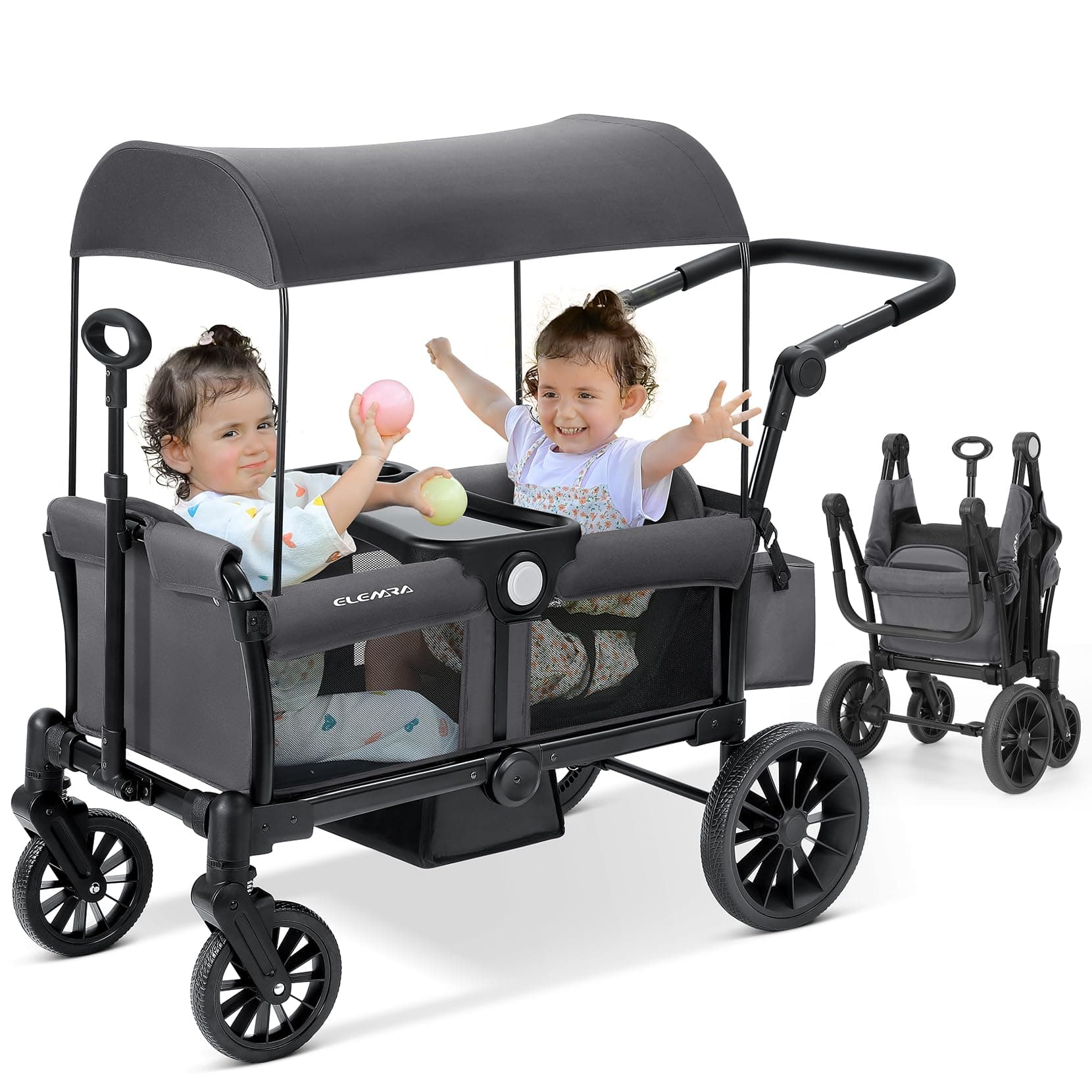 ELEMARA Foldable Wagon Stroller, Stroller Wagon for 2 Kids, Premium All Terrain Wagon for Kids with Removable Canopy, Adjustable Push/Pull Handle, Harnesses, Large Storage Bag, Grey