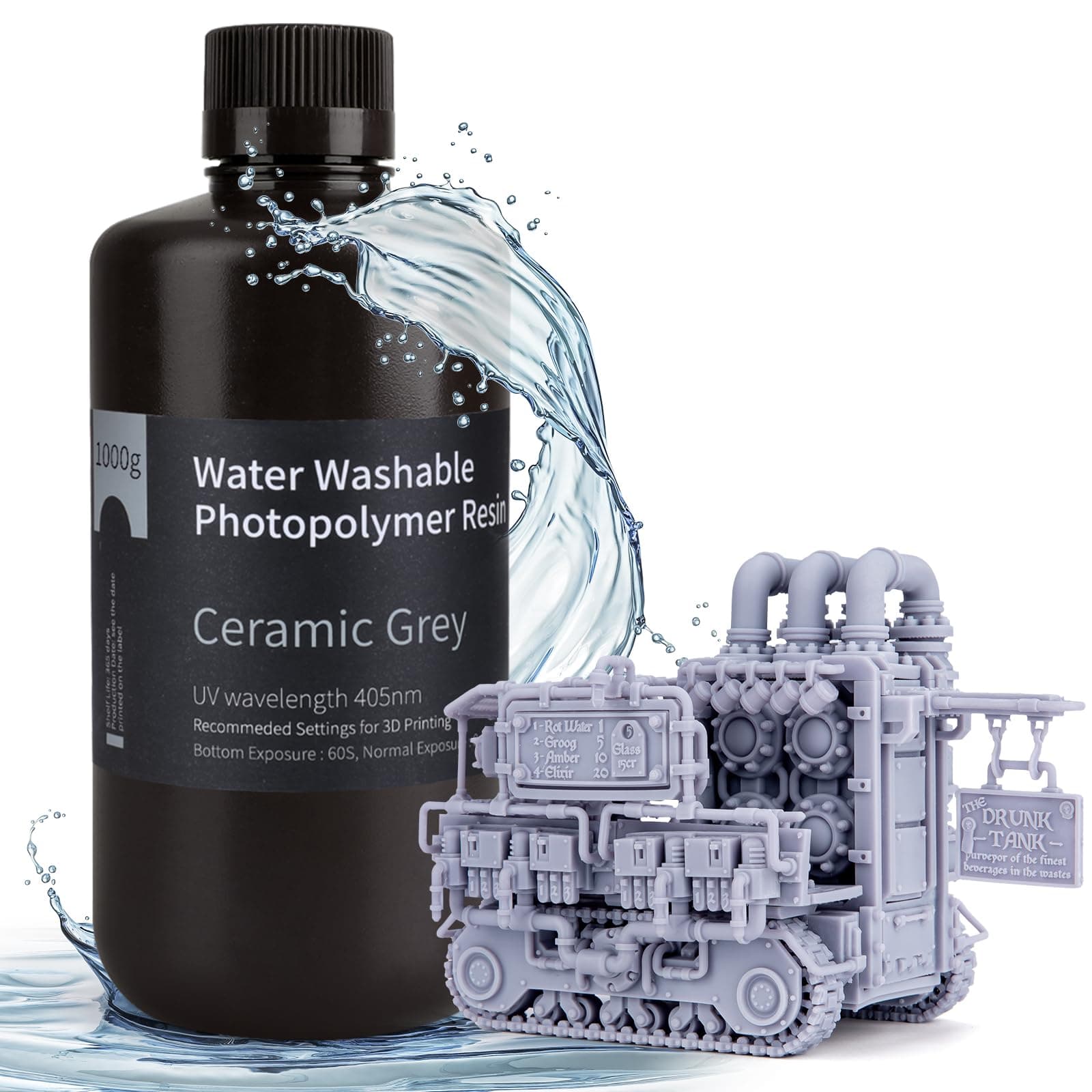 ELEGOO Water Washable 3D Printer Rapid Resin LCD UV-Curing Resin 405nm Standard Photopolymer Resin for LCD 3D Printing 1000Gram Ceramic Grey