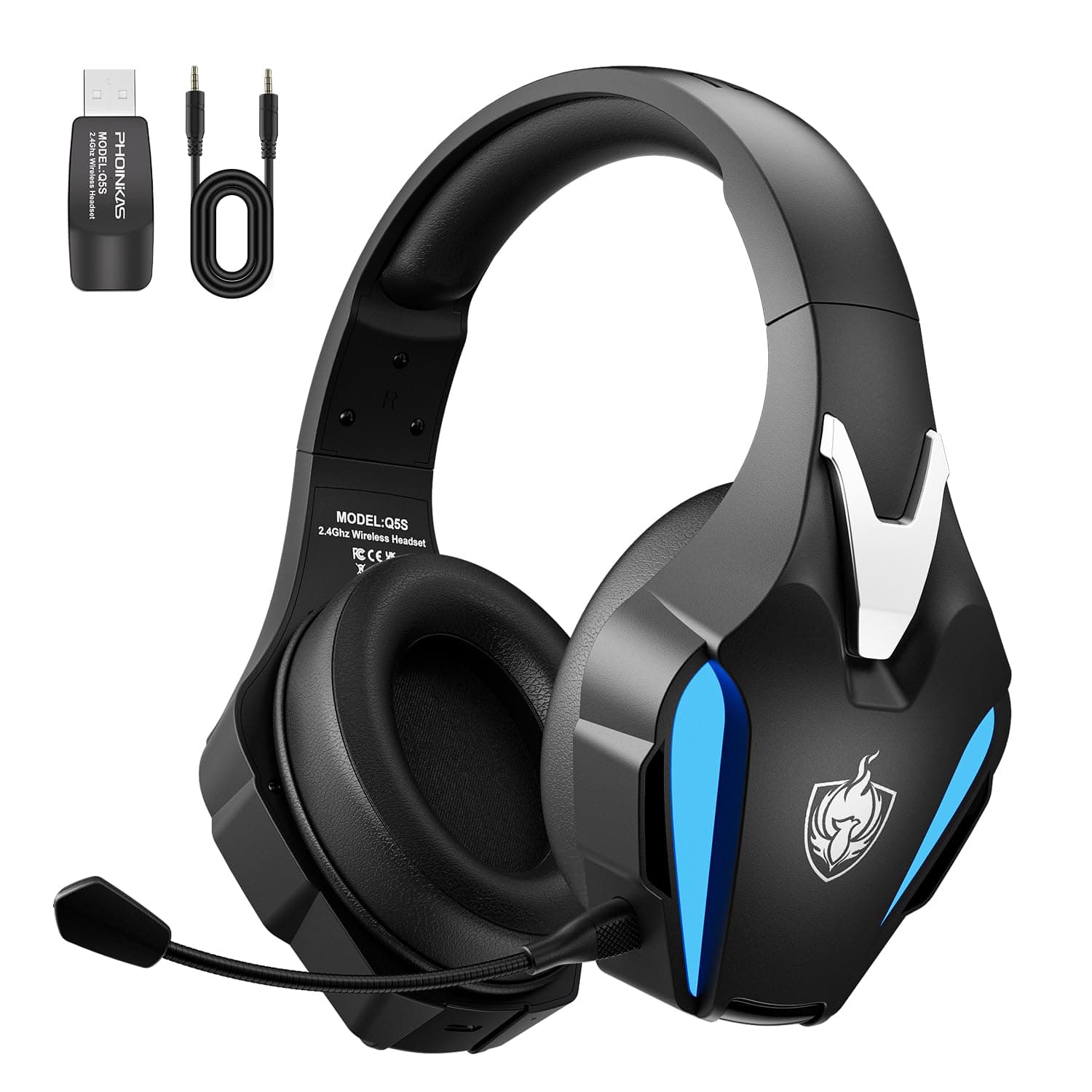 PHOINIKAS Wireless Gaming Headset for PS4 PS5 PC Switch, Wireless 2.4GHz Gaming Headphones with Detachable Noise Canceling Mic, 7.1 Stereo Sound, Only 3.5mm Wired Mode for Xbox Seires - Blue