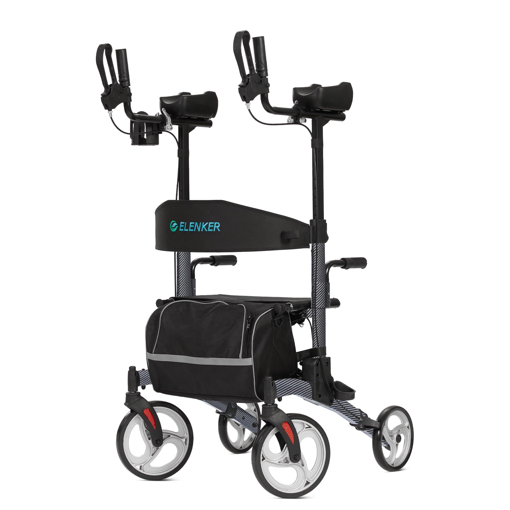 ELENKER Upright Walker, Stand Up Folding Rollator Walker with 10” Front Wheels Backrest Seat and Padded Armrest for Seniors(Carbon Fiber Black)