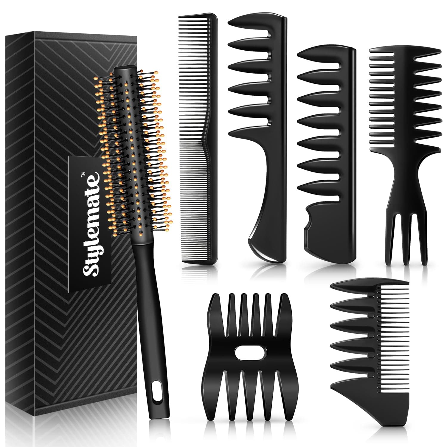 Stylemate Men's Hair Styling Combs and Brush Set - Roller Brush for Adding Volume, Pompadour, Slicked-back, Fauxhawk, Undercut Styling Combs