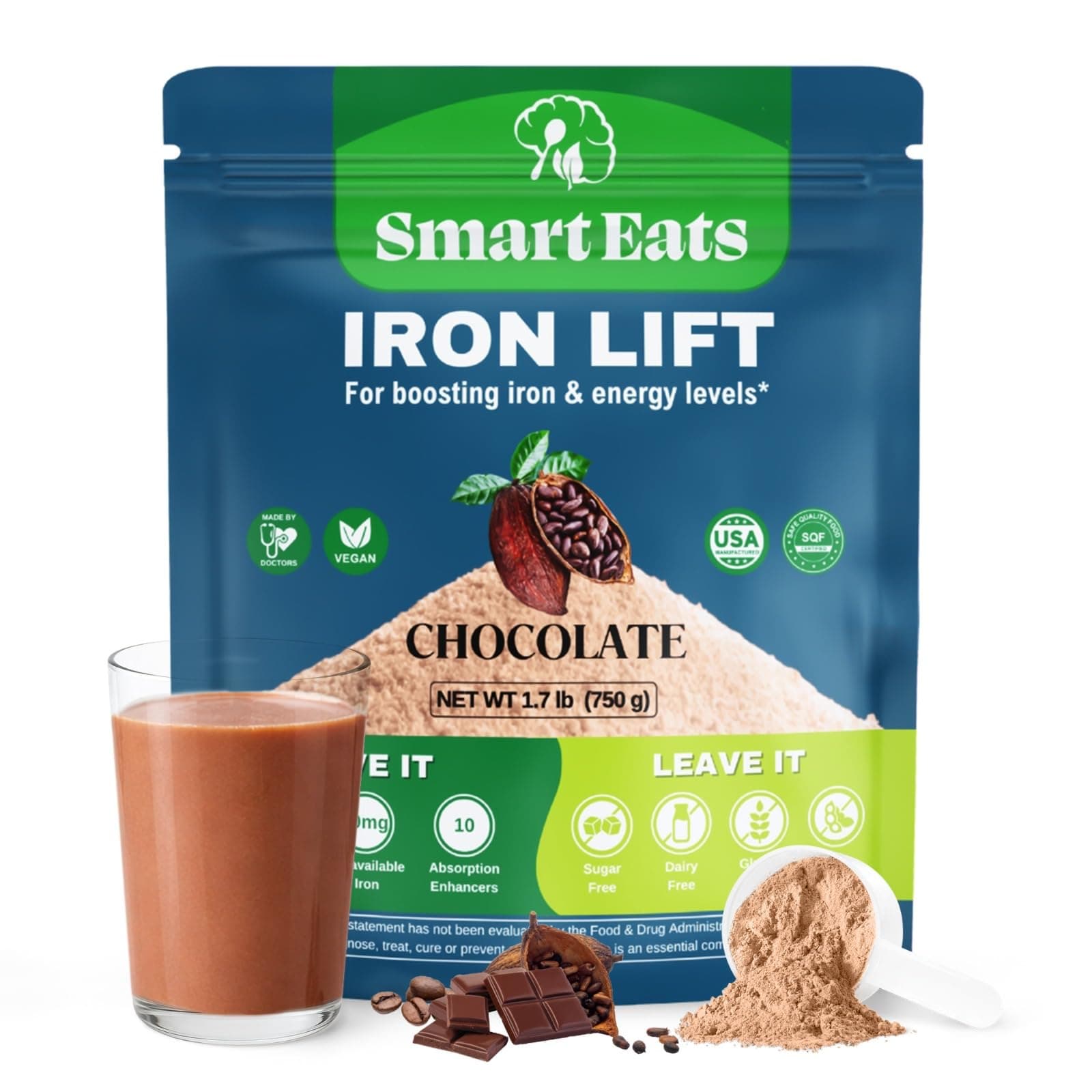 Smart Eats - Iron Powder | Highly Absorbed | Avoids Side Effects | Complete Nutrition: Protein, Vitamins, Fiber, Antioxidants | Makes Tasty Drinks & Shakes | Vegan | Chocolate Flavor | 30 Scoops