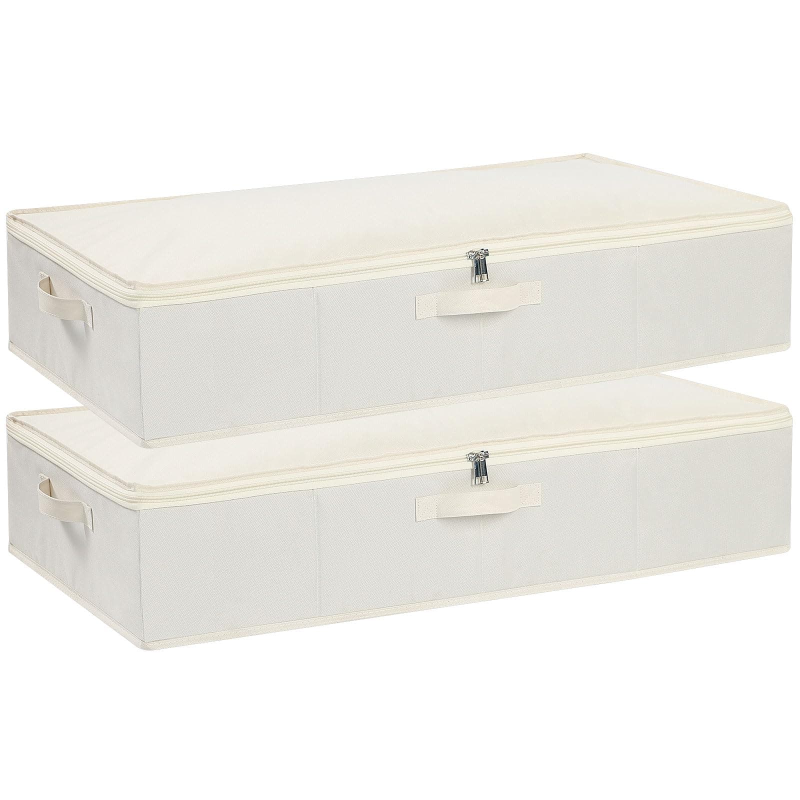 Under Bed Storage Box with Lid, Foldable Wardrobe Organiser with Reinforced Handles, for Blanket, Sheets, Clothing, Shoes, Beige, 2-Pack, 80×40×15 cm