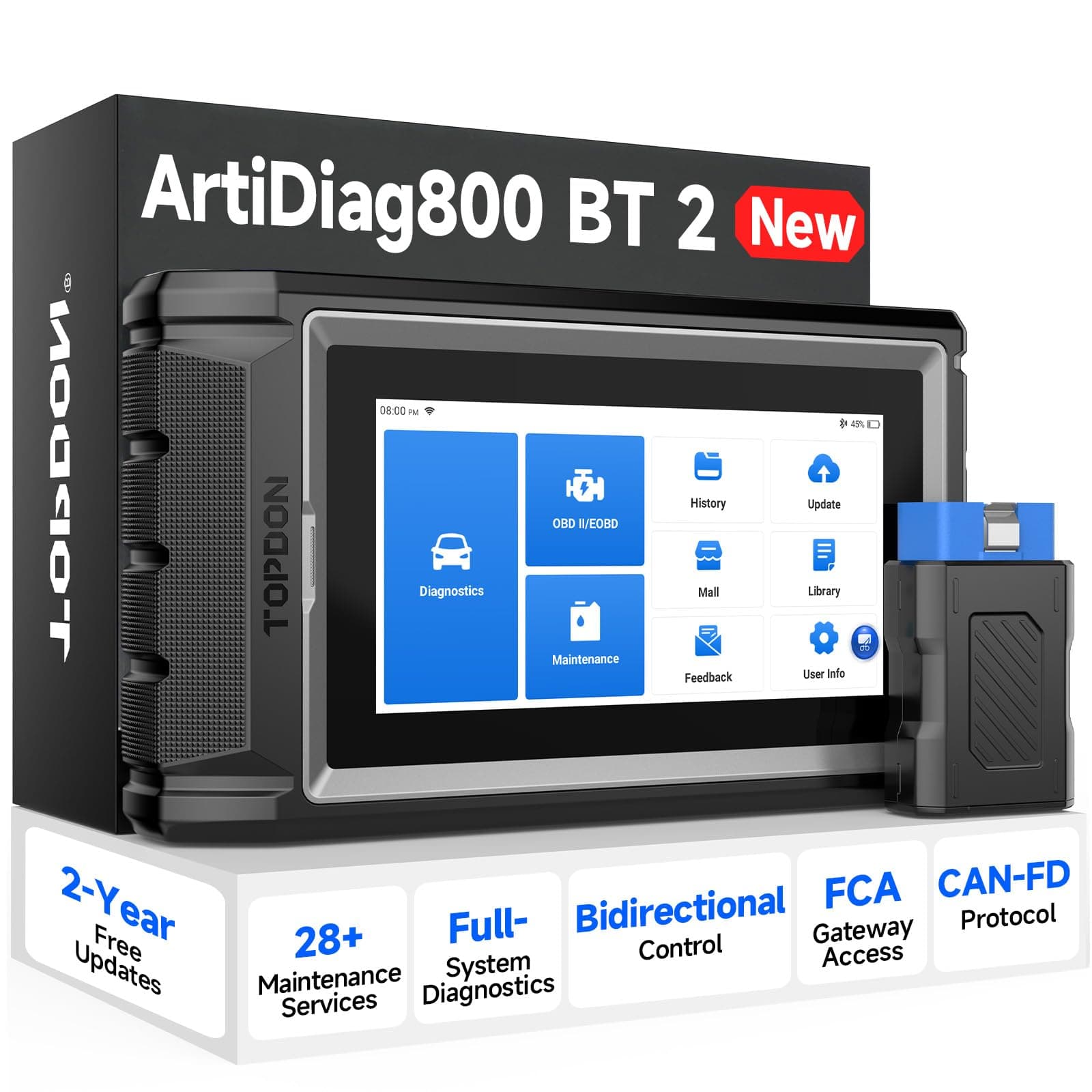 Scanner AD800BT V2.0, Bidirectional Scan Tool, Full Systems Diagnostic Tool for All Vehicles, Automotive Diagnostic Scanner for Car, 28+ Services, FCA AutoAuth, CANFD, 2 Years Free Update