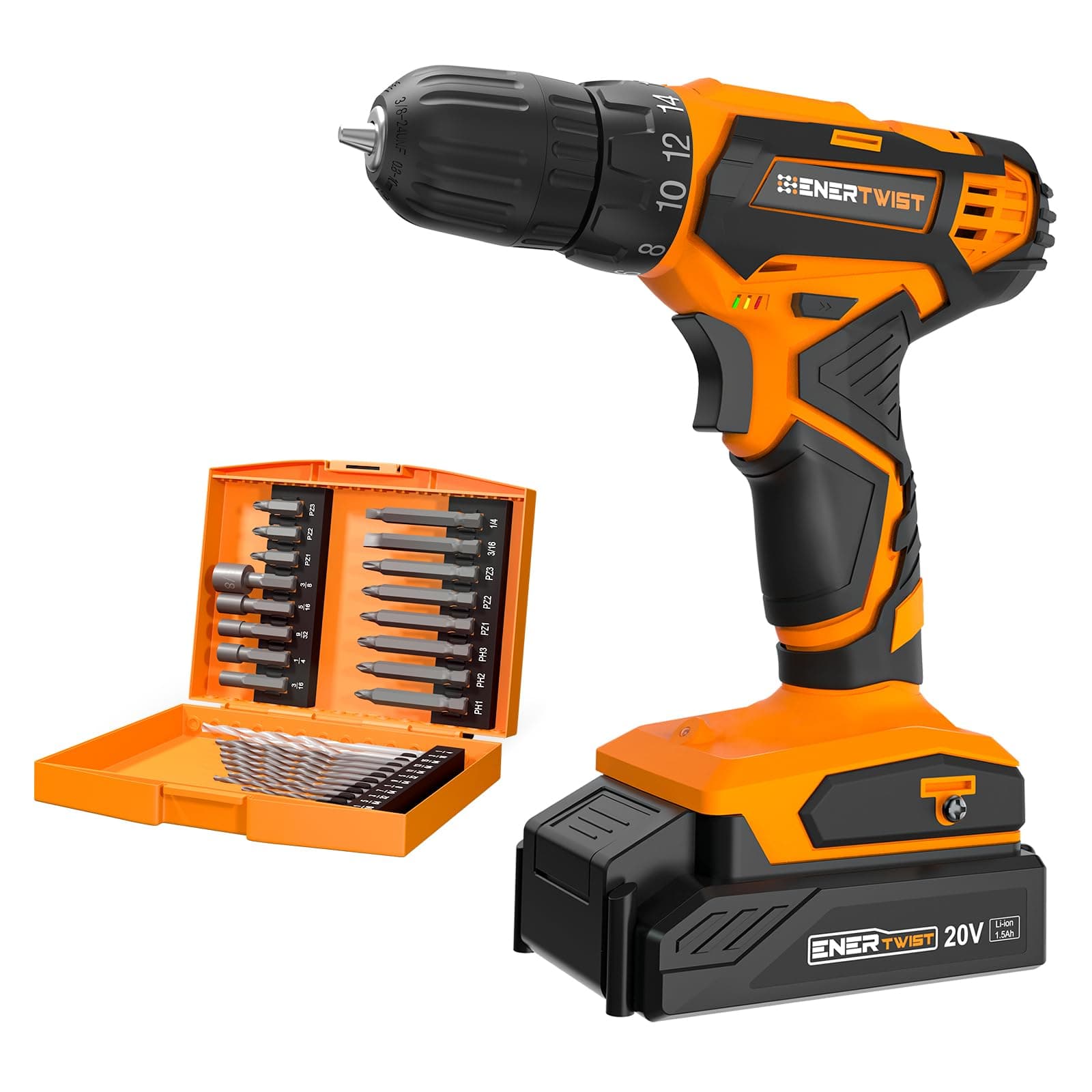 ENERTWIST20V Max Cordless Drill, 3/8 Inch Power Drill Set with Lithium Ion Battery and Charger, Variable Speed, 19 Positions and 28-Pieces Drill/Driver Accessories Kit, ET-CD-20