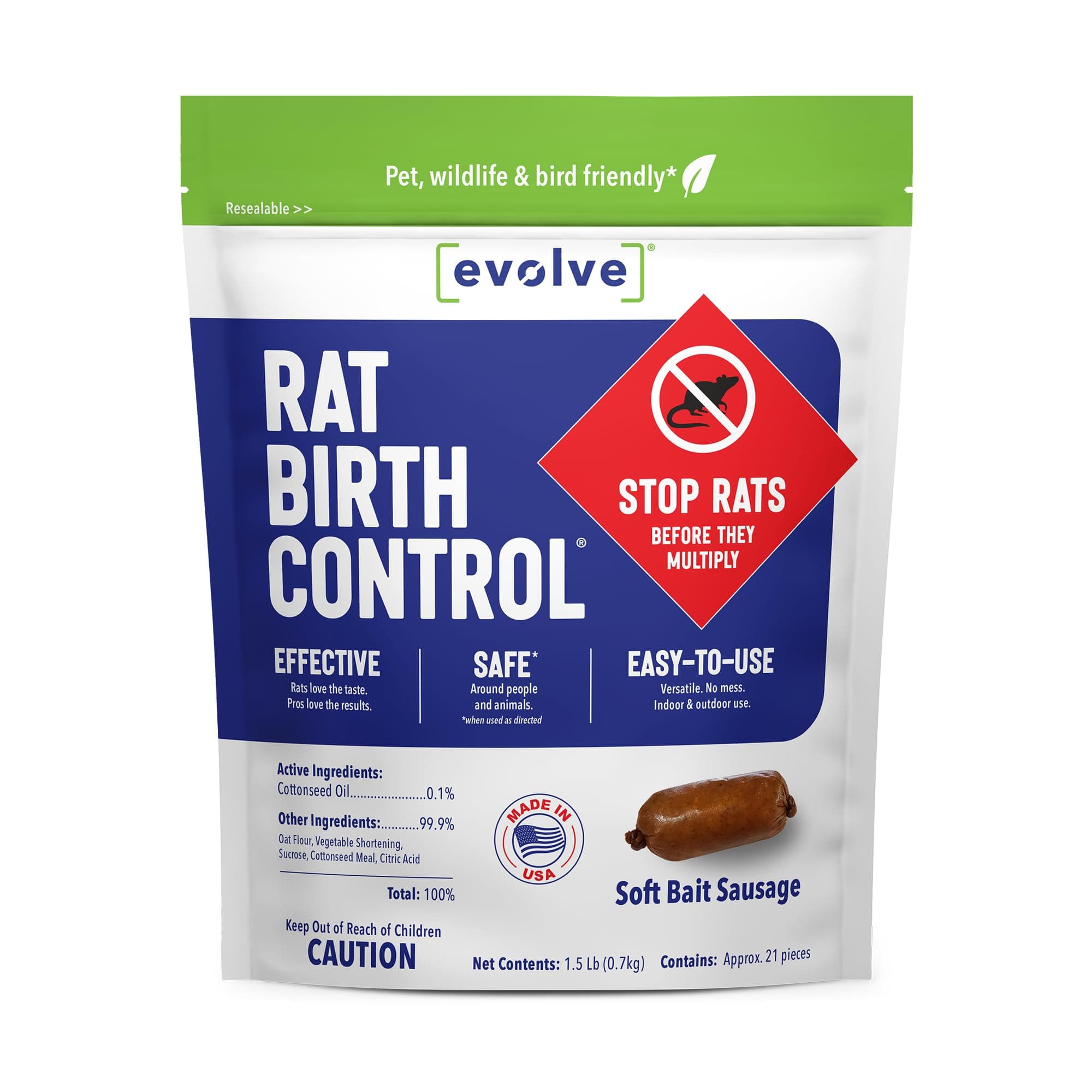 Evolve Rat Birth Control Soft Bait Sausages – 1.5 lbs | Scientifically Proven Rat Population Control | Not a Poison, Long-Term Population Management (Packaging May Vary)