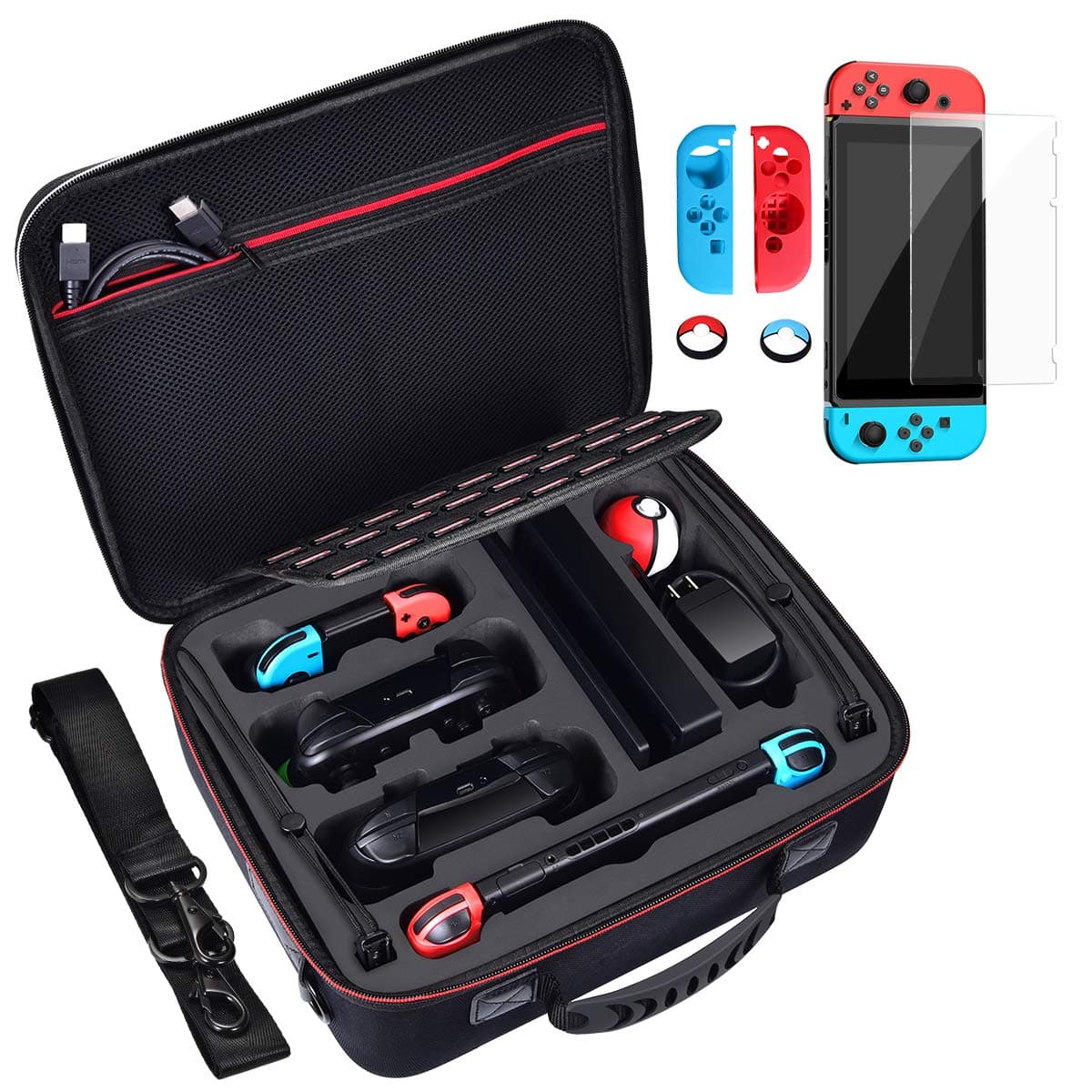 Diocall Deluxe Carrying Case for Nintendo Switch and Switch Oled 2021, Accessories Bundle Includes Screen Protector(For Switch, Not for Switch Oled 2021), Joy-con Silicone Case and Thumb Grips